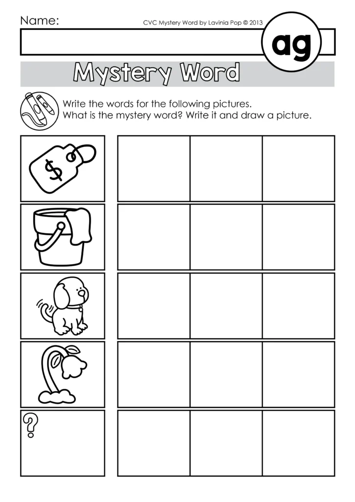 Mystery Word recording sheet for the ag word family with picture prompts for tag, rag, wag, sag, and a box for the mystery word.