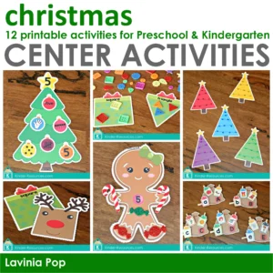Christmas Center Activities including counting trees, shape matching cards, color fine motor trees, number gingerbread activity, and Santa’s sack alphabet cards for preschool and kindergarten.