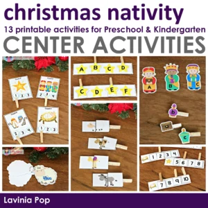 Christmas Nativity Centers for Preschool cover image with printable Christmas themed center activities for counting, alphabet letters, beginning sounds, matching, and clip cards designed for preschool, pre k, and kindergarten December learning.