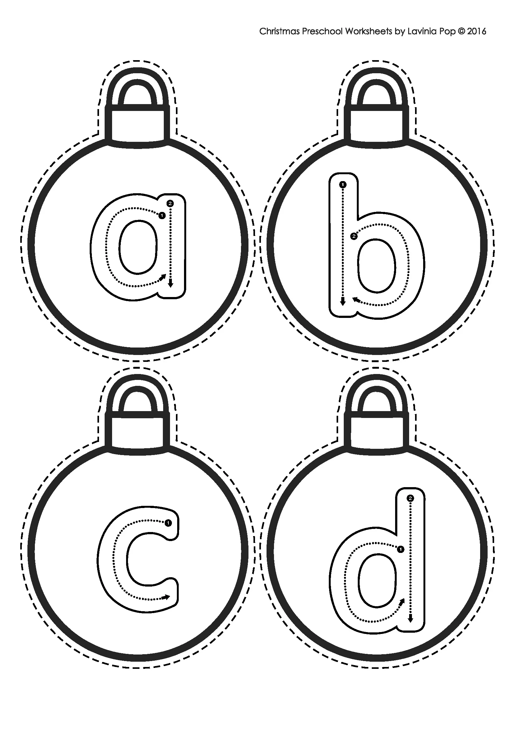 Christmas Preschool Worksheets and Activities No Prep Lowercase Letter Ornament Tracing Lowercase alphabet ornament tracing worksheet from Christmas Preschool Worksheets and Activities No Prep