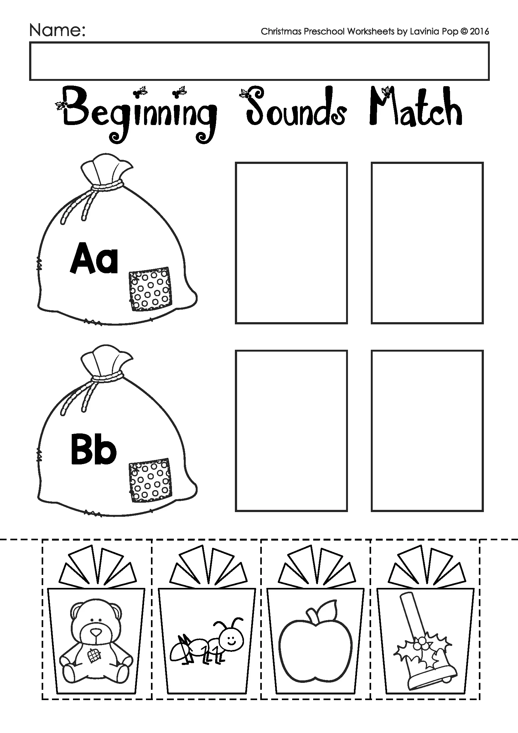 Christmas Preschool Worksheets and Activities No Prep Beginning Sounds Matching Page Beginning sounds cut and paste worksheet from Christmas Preschool Worksheets and Activities No Prep
