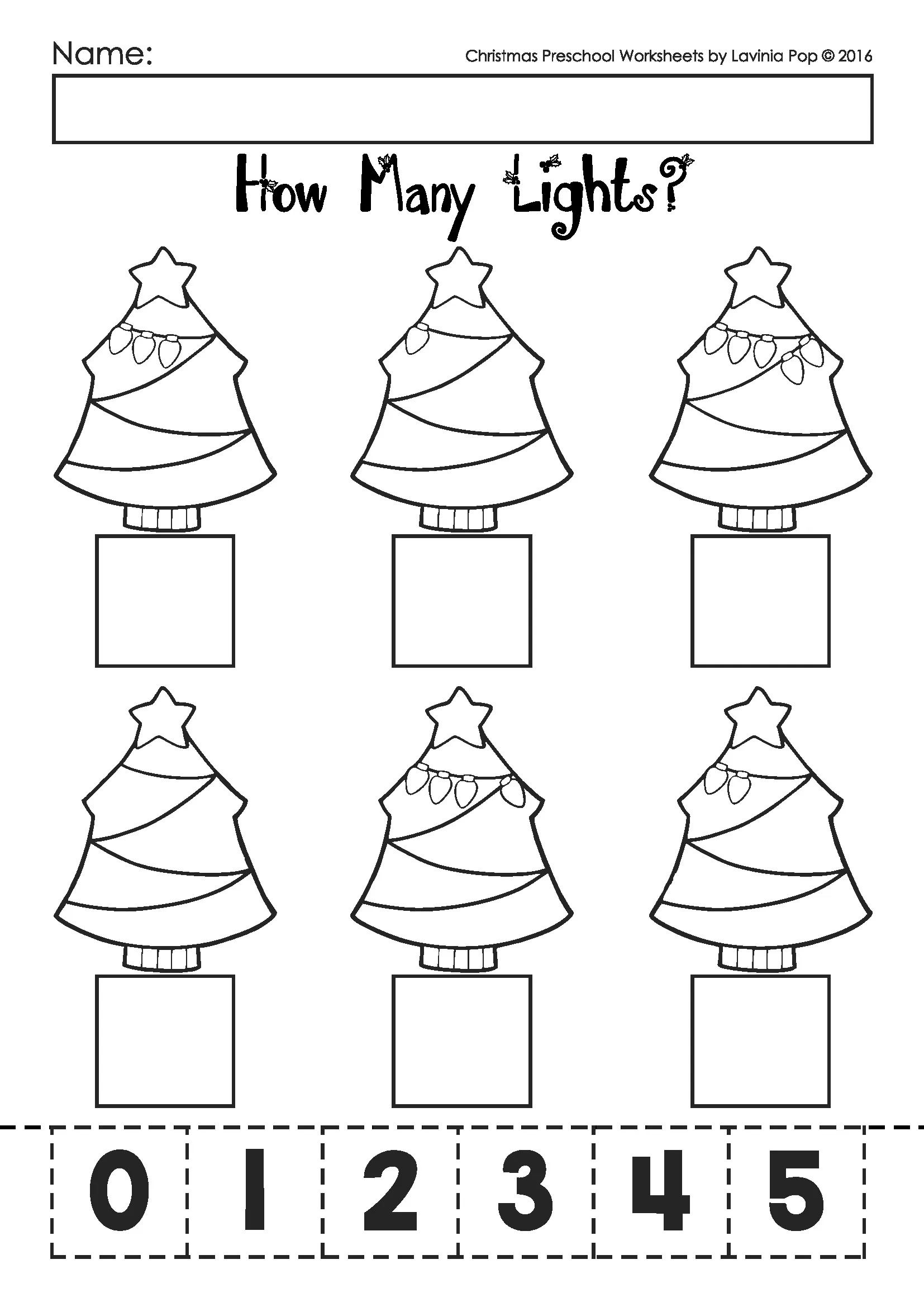 Christmas Preschool Worksheets and Activities No Prep Counting Lights Worksheet Counting Christmas lights cut and paste worksheet from Christmas Preschool Worksheets and Activities No Prep