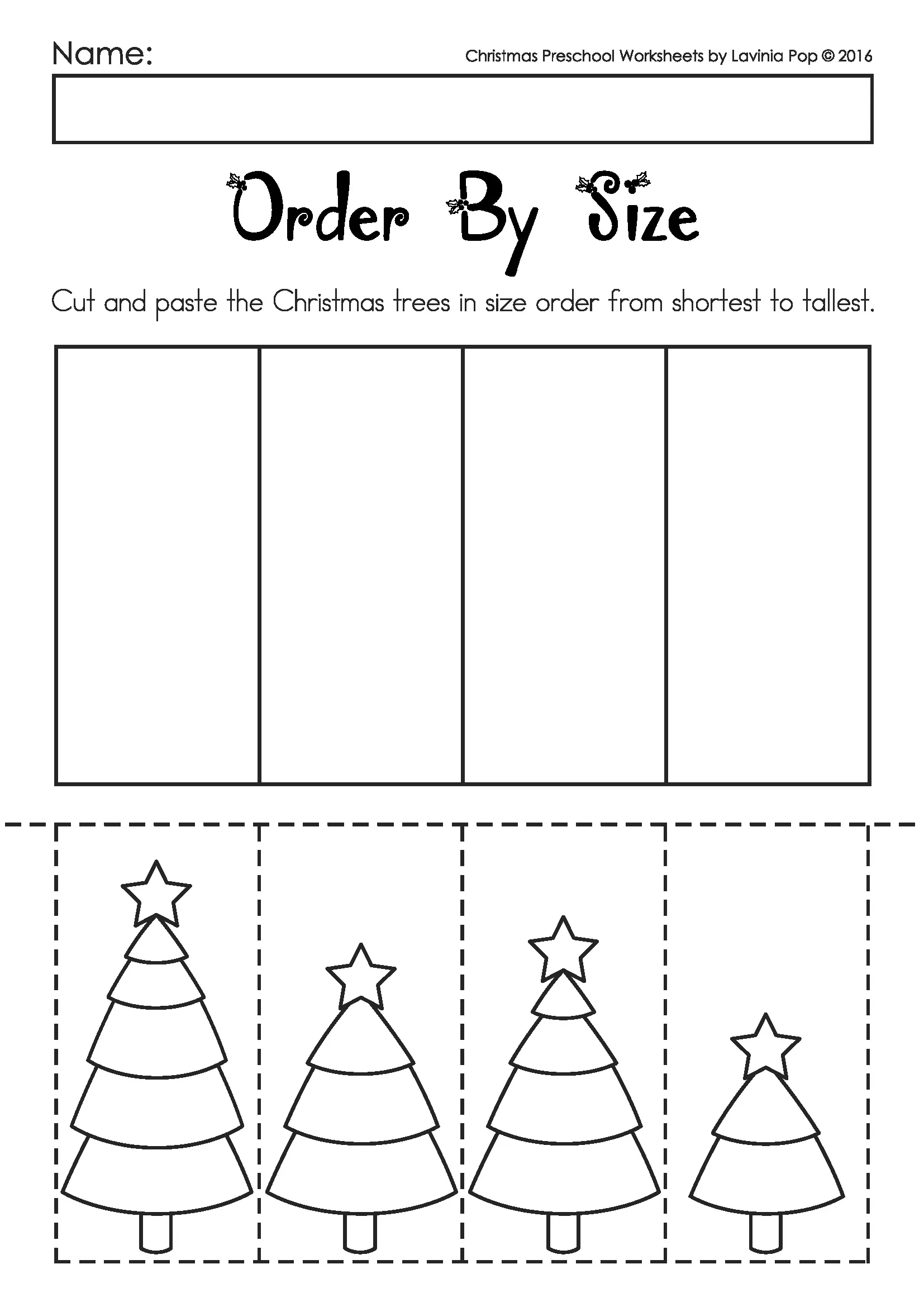 Christmas Preschool Worksheets and Activities No Prep Order By Size Worksheet Christmas tree size ordering cut and paste worksheet from Christmas Preschool Worksheets and Activities No Prep