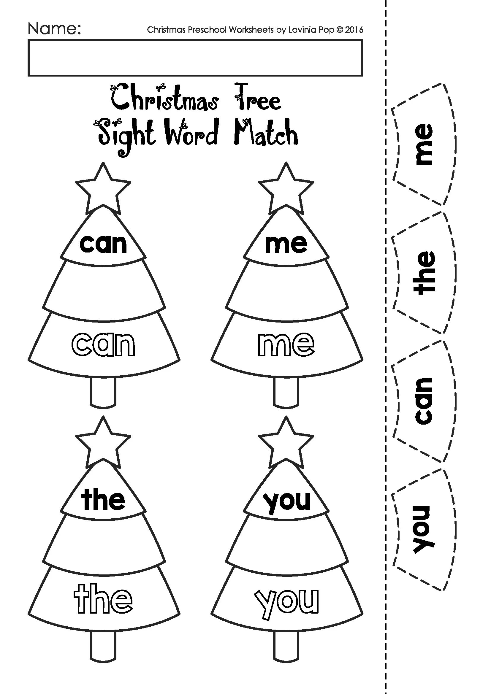 Christmas Preschool Worksheets and Activities No Prep Sight Word Tree Match Sight word matching Christmas tree worksheet from Christmas Preschool Worksheets and Activities No Prep