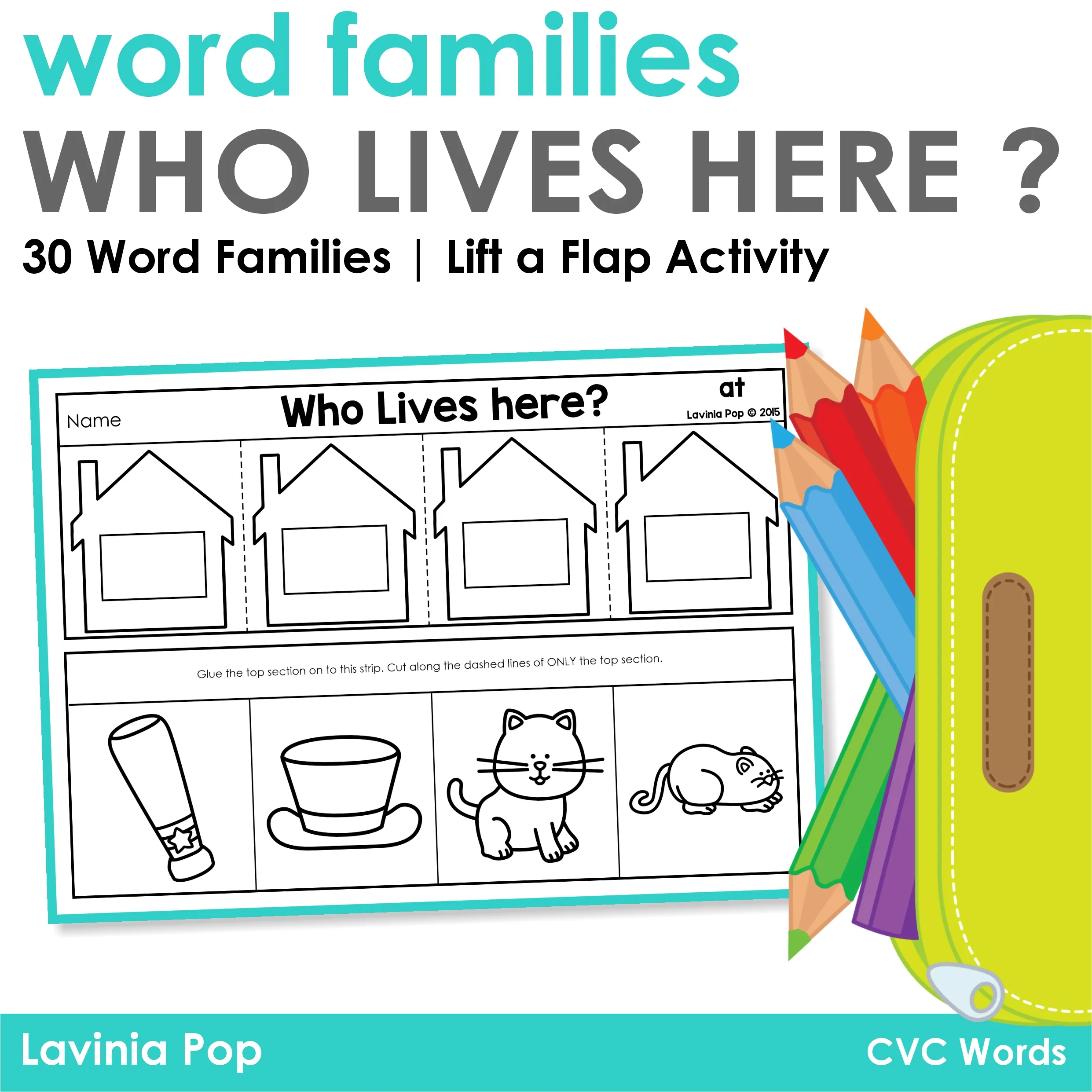 Who Lives Here CVC Word Families Lift the Flap Activity Cover Who Lives Here CVC Word Families Lift the Flap Activity cover with sample at word family worksheet