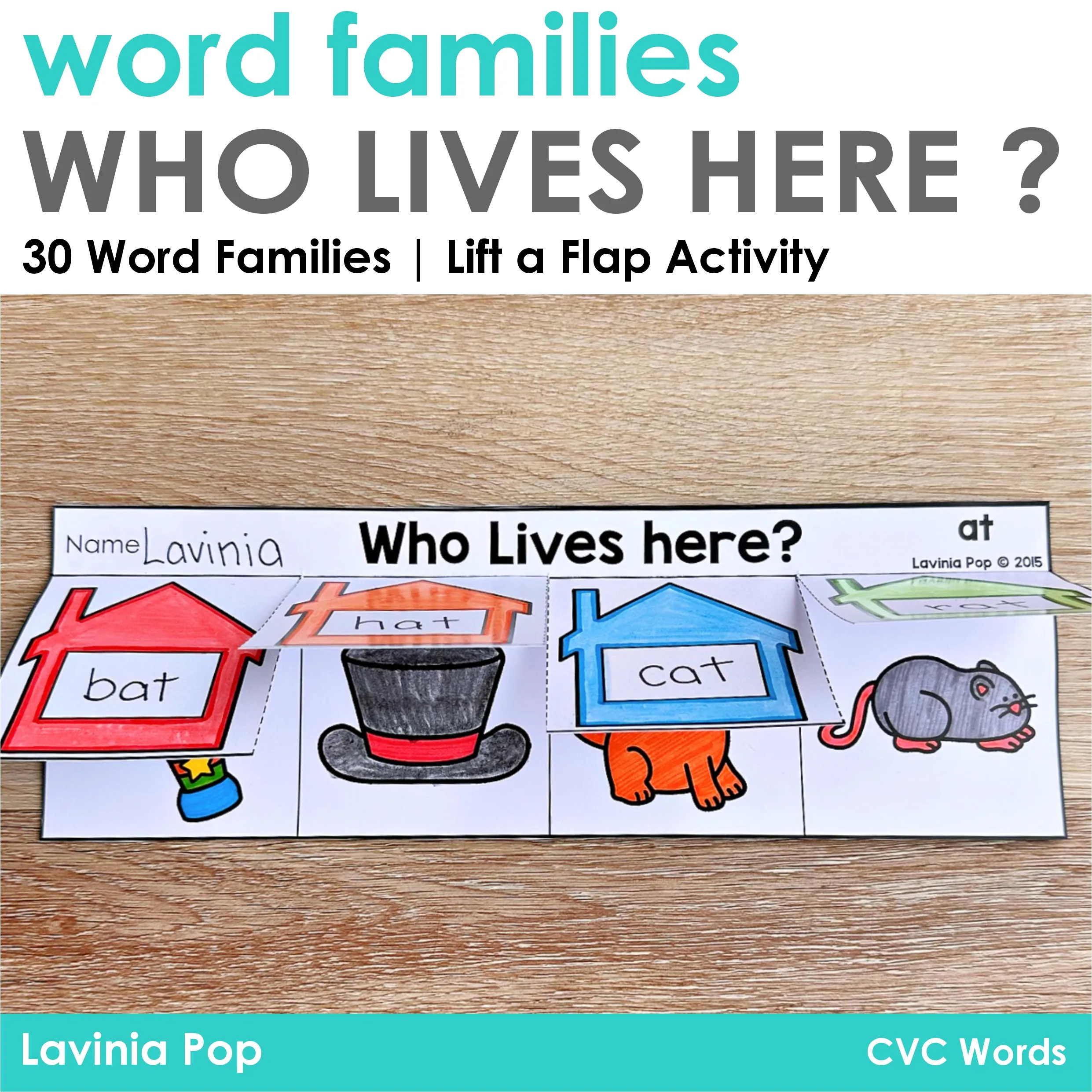 Who Lives Here CVC Word Families Lift the Flap Activity at Page Who Lives Here CVC Word Families Lift the Flap Activity completed at word family worksheet with bat, hat, cat, and rat