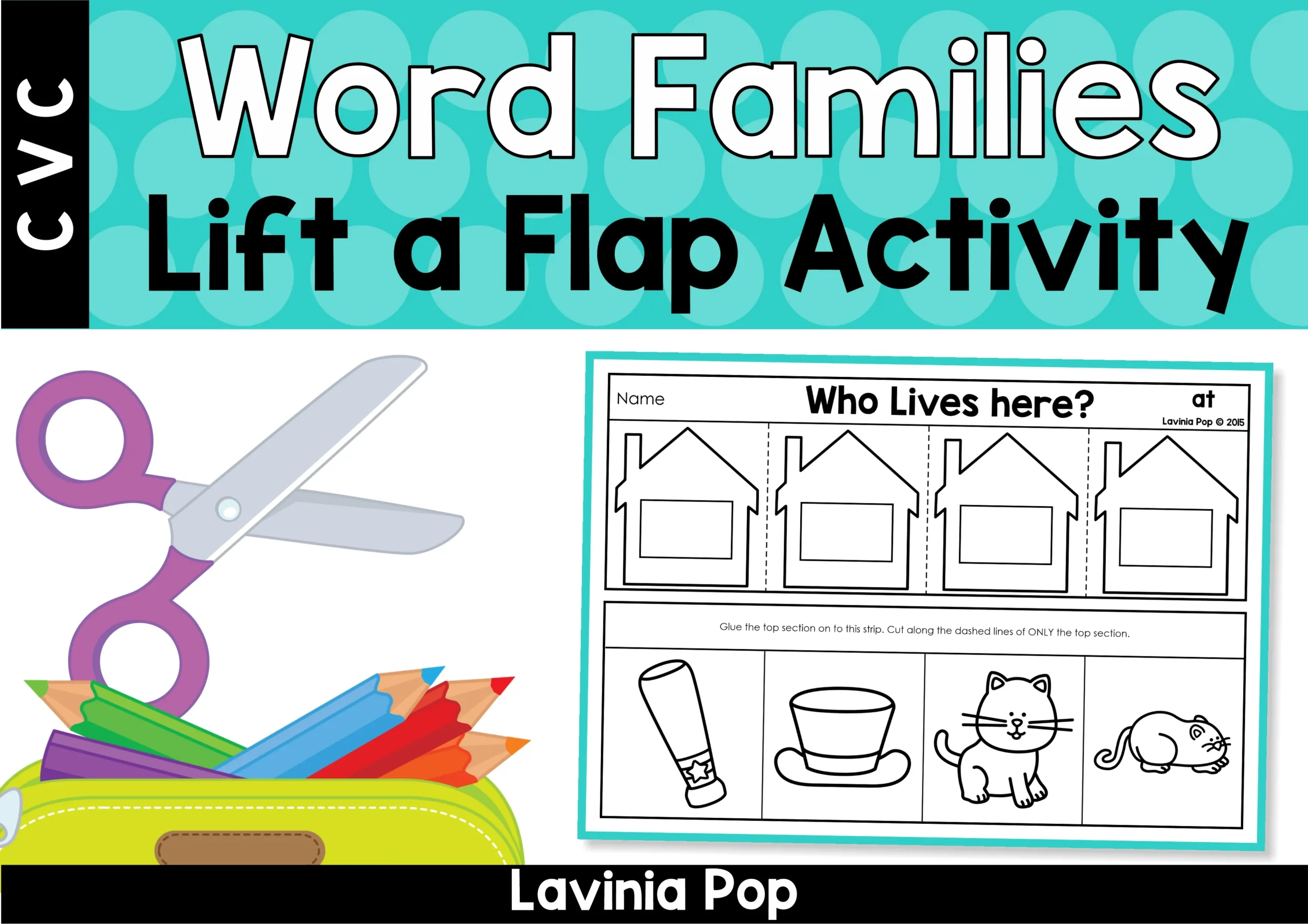 Who Lives Here CVC Word Families Lift the Flap Activity Title Page Who Lives Here CVC Word Families Lift the Flap Activity title page with sample at worksheet