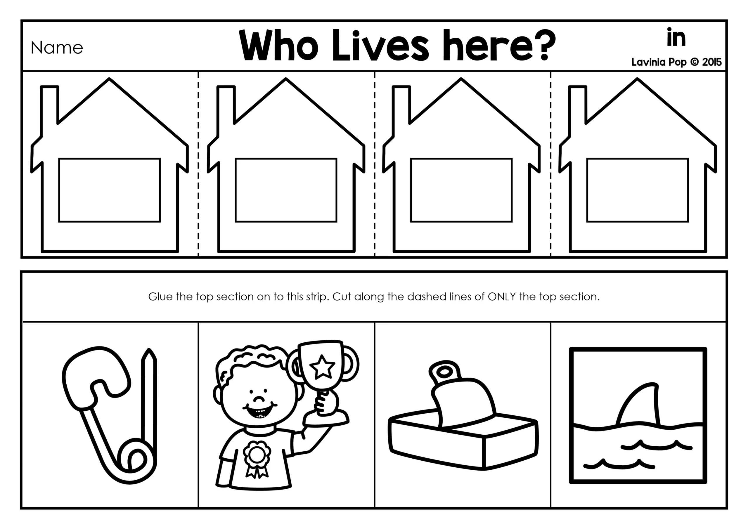 Who Lives Here CVC Word Families Lift the Flap Activity in Page Who Lives Here CVC Word Families Lift the Flap Activity worksheet for the in word family with pictures for pin, win, tin, and fin