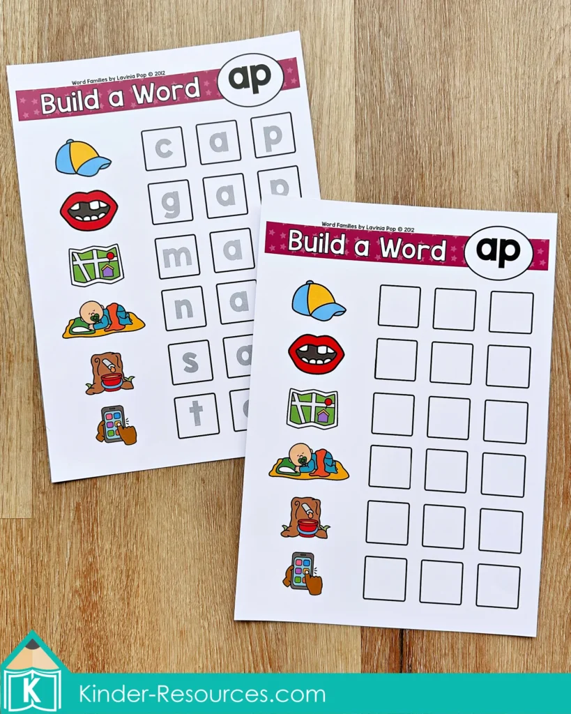 Two word family ap build a word mats showing the completed version and the blank version for differentiated phonics instruction, decoding, and reading fluency.