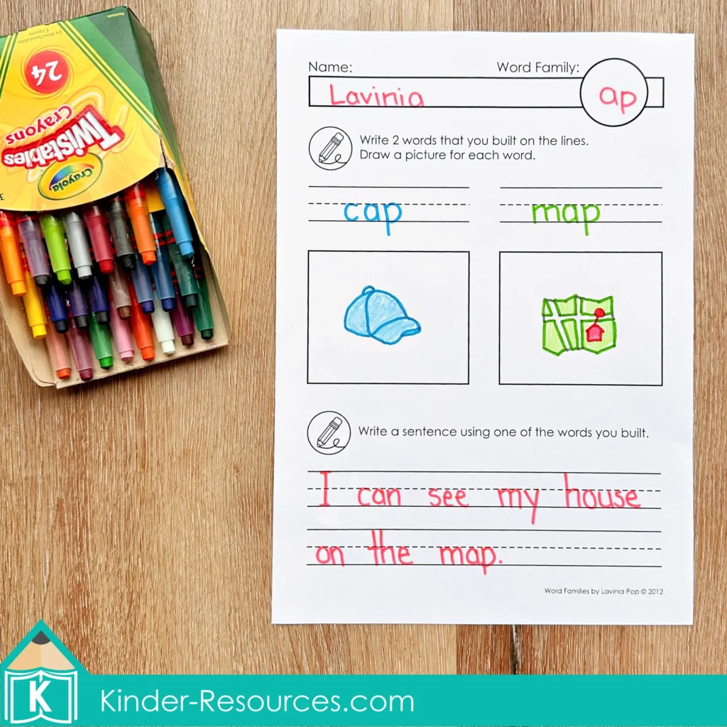 Word family ap writing extension page with spaces to write two built words, draw matching pictures, and write a sentence to support encoding, vocabulary, and early reading fluency.