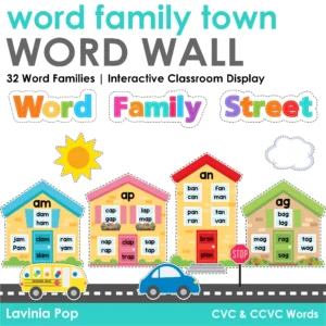 Word Family Town Word Wall display with colorful houses labeled am, ap, an, and ag word families, cars, bus, and road signs for classroom phonics learning
