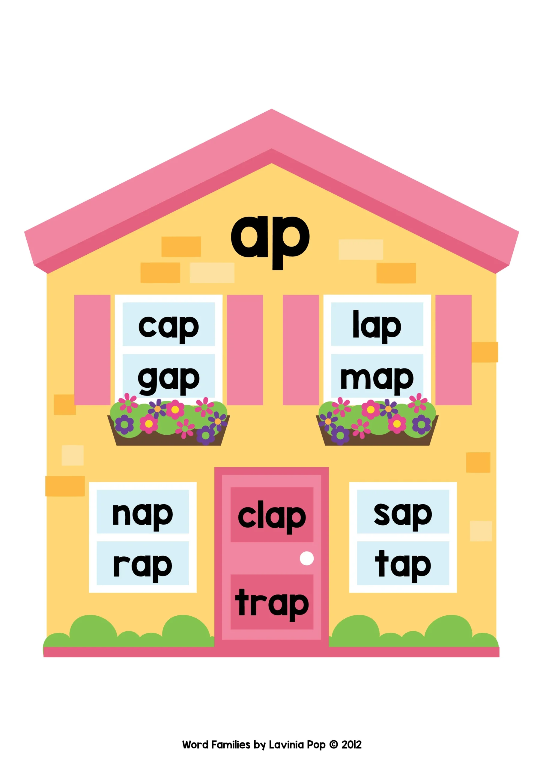 ap Word Family House | Word Family Town Word Wall ap word family house printable with words cap, gap, lap, map, nap, rap, sap, tap, clap, and trap for phonics word wall display