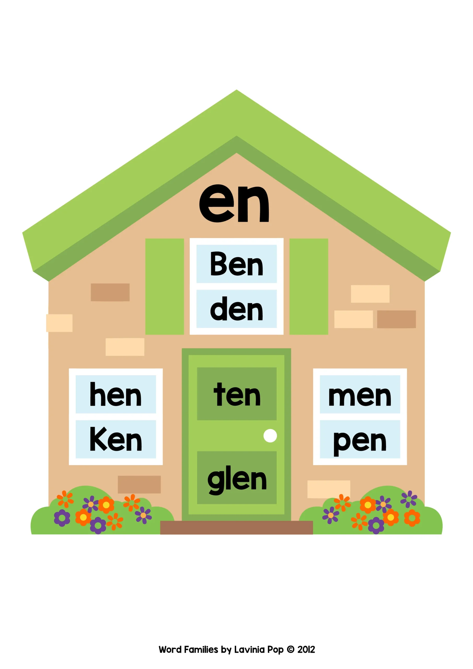 en Word Family House | Word Family Town Classroom Word Wall en word family house printable featuring words Ben, den, hen, ten, men, pen, and glen for classroom phonics word wall