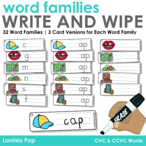 Word family write and wipe cards for CVC and CCVC words with three card versions and a dry erase marker