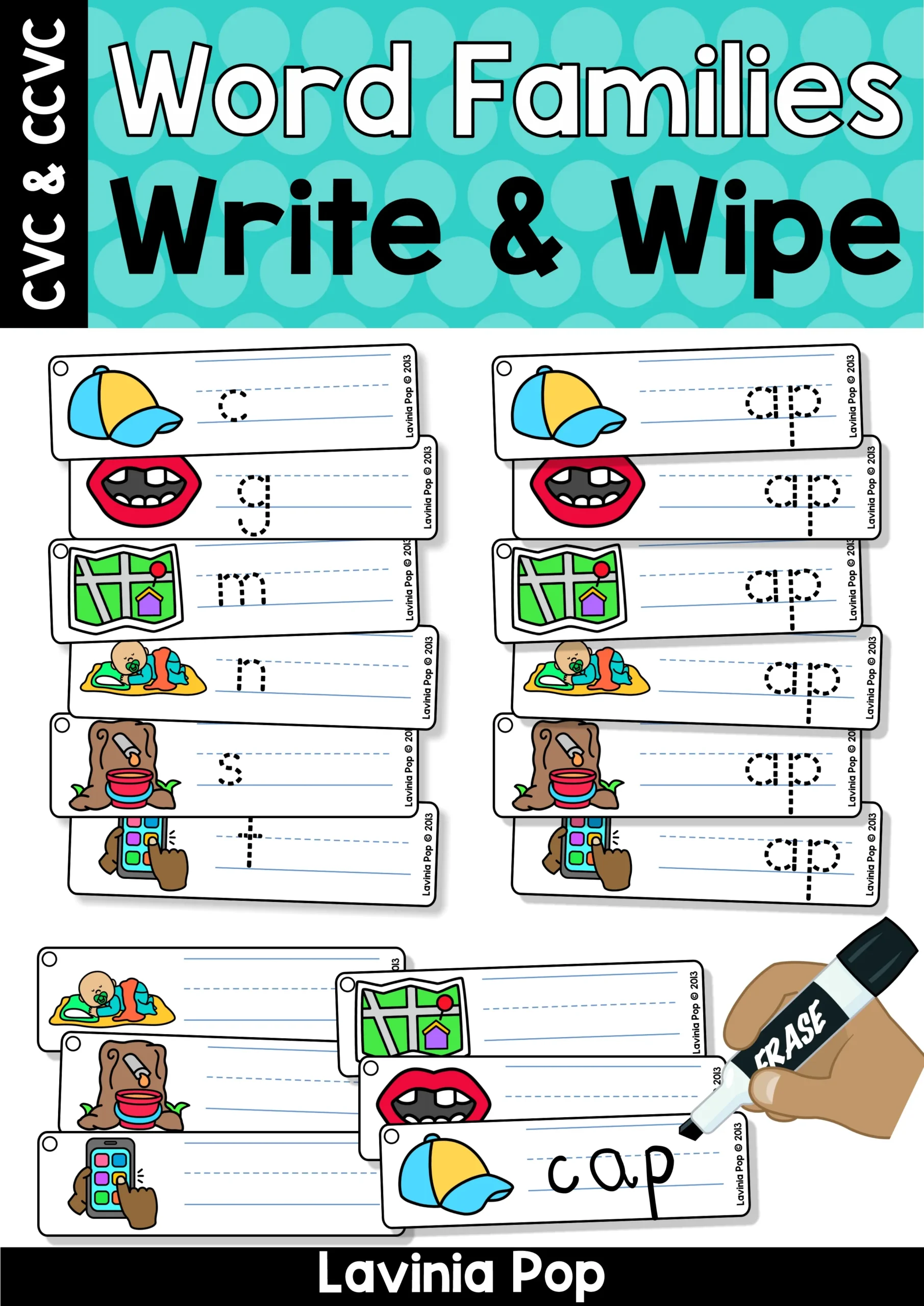 Word Family Write and Wipe Literacy Center Cards Write and wipe word family cards for early readers with picture cues and writing lines for CVC and CCVC words
