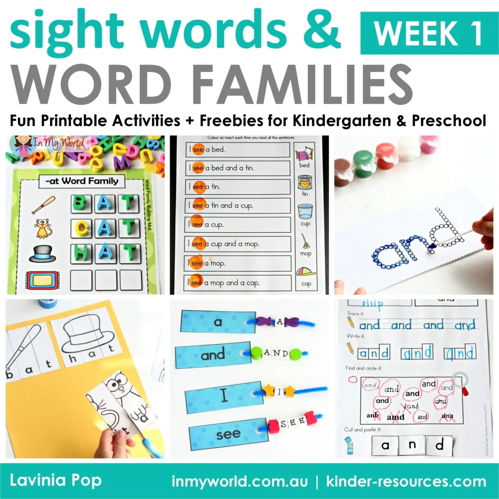 Sight Word and Word Family Activities Week 1 with free printable worksheets and hands-on centers. Includes sight word practice, CVC word family activities, and fun learning games for preschool and kindergarten. Free downloads available on the blog.