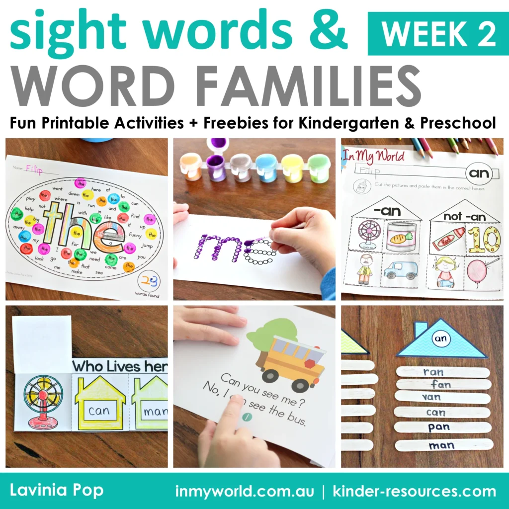 Sight words and word families week 2 activities for preschool and kindergarten. Fun printable worksheets and hands-on literacy activities to teach high-frequency words and word families. Freebies available to download on the blog.