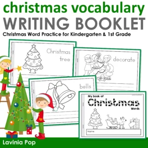 Cover and sample pages from the Christmas Vocabulary Writing Booklet featuring Christmas tree, bells, decorate, and writing practice pages.