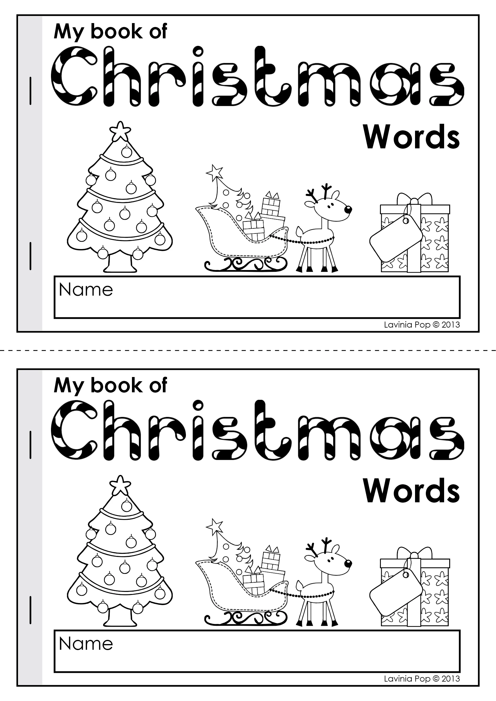 Christmas Vocabulary Writing Booklet Printable Covers Printable black and white covers for the Christmas Vocabulary Writing Booklet with Christmas tree, sleigh, and gift illustrations.