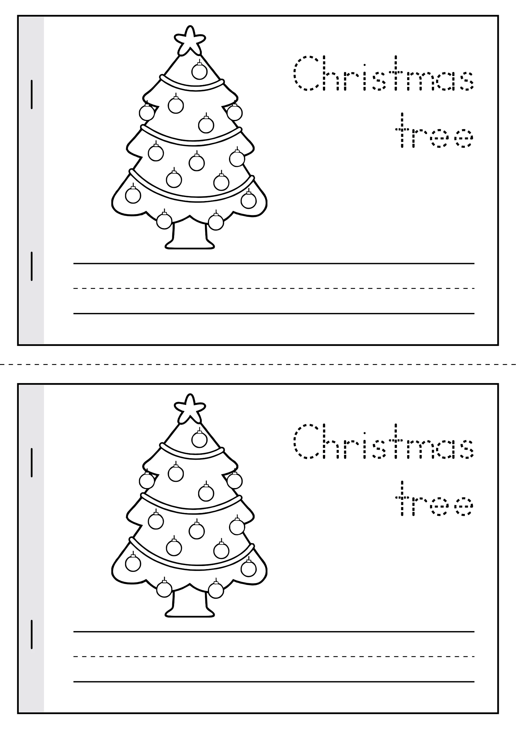 Christmas Vocabulary Writing Booklet Christmas Tree Page Christmas tree page from the Christmas Vocabulary Writing Booklet with traceable text and writing lines for handwriting and sentence practice.