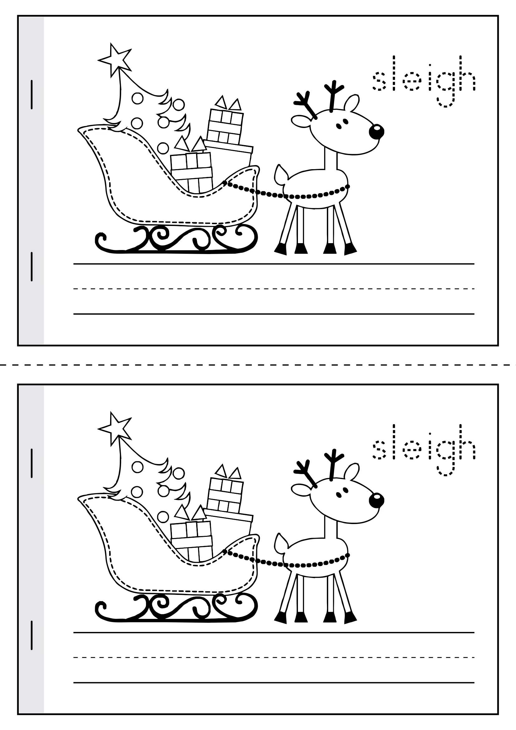 Christmas Vocabulary Writing Booklet Sleigh Page Printable Sleigh page from the Christmas Vocabulary Writing Booklet with a reindeer, sleigh, gifts, and writing lines for tracing and independent writing.
