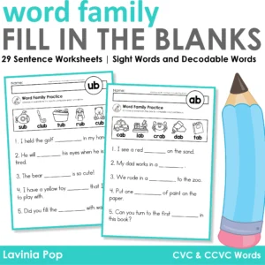 Fill in the Blanks Word Family Worksheets cover with two sample pages and word banks