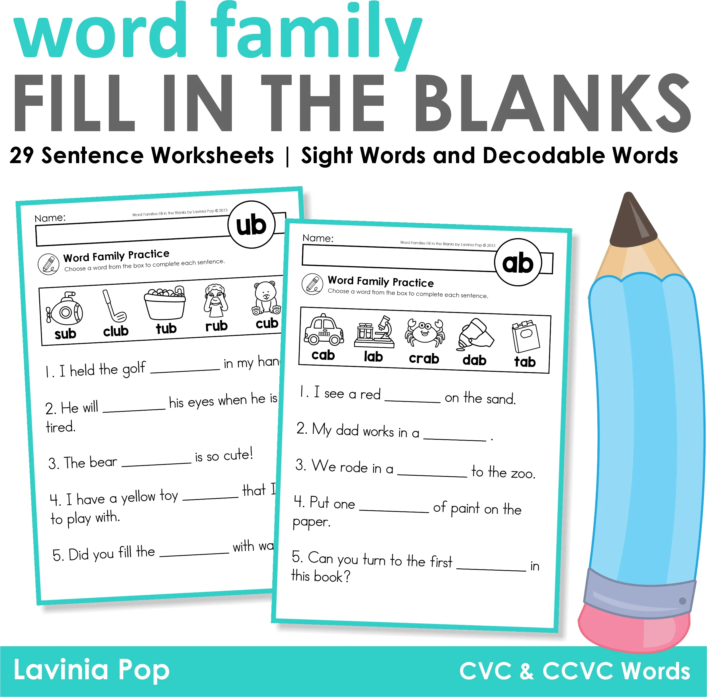 Fill in the Blanks Word Family Worksheets Resource Fill in the Blanks Word Family Worksheets cover with two sample pages and word banks