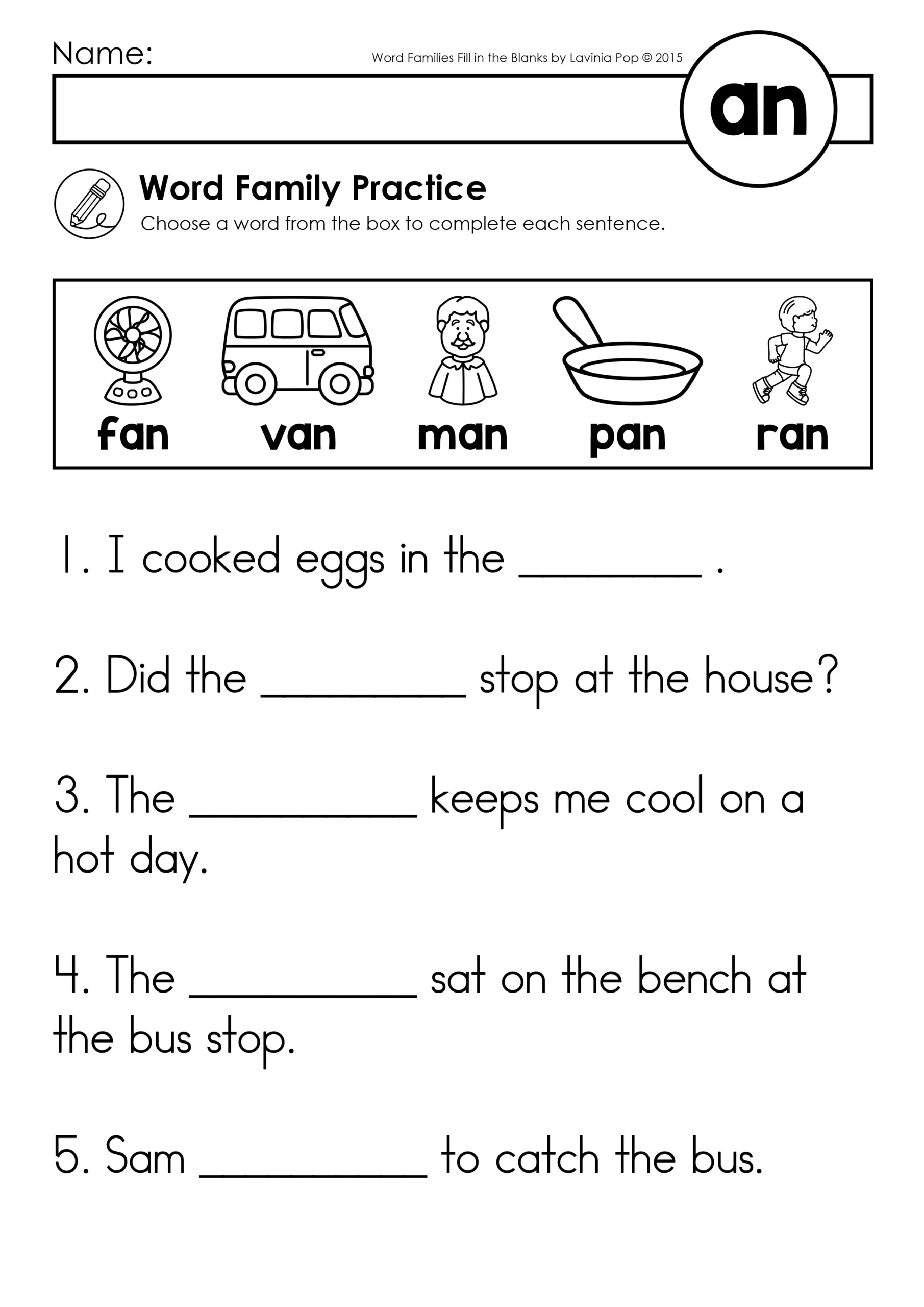 Fill in the Blanks Word Family Worksheets AN Word Family Page Fill in the Blanks Word Family Worksheets AN page with sentences and word options fan van man pan ran
