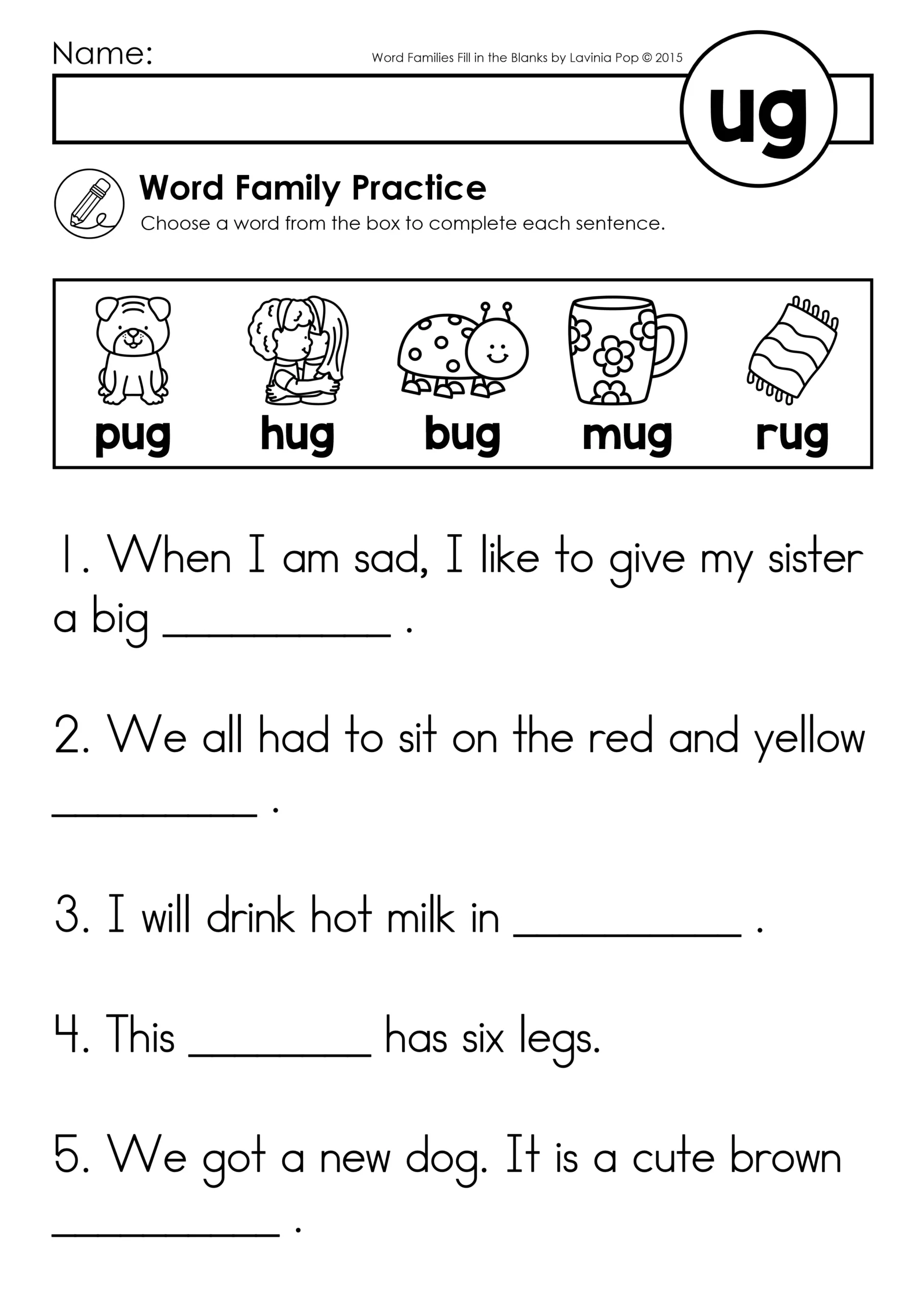 Fill in the Blanks Word Family Worksheets UG Word Family Page Fill in the Blanks Word Family Worksheets UG page with sentences and word options pug hug bug mug rug