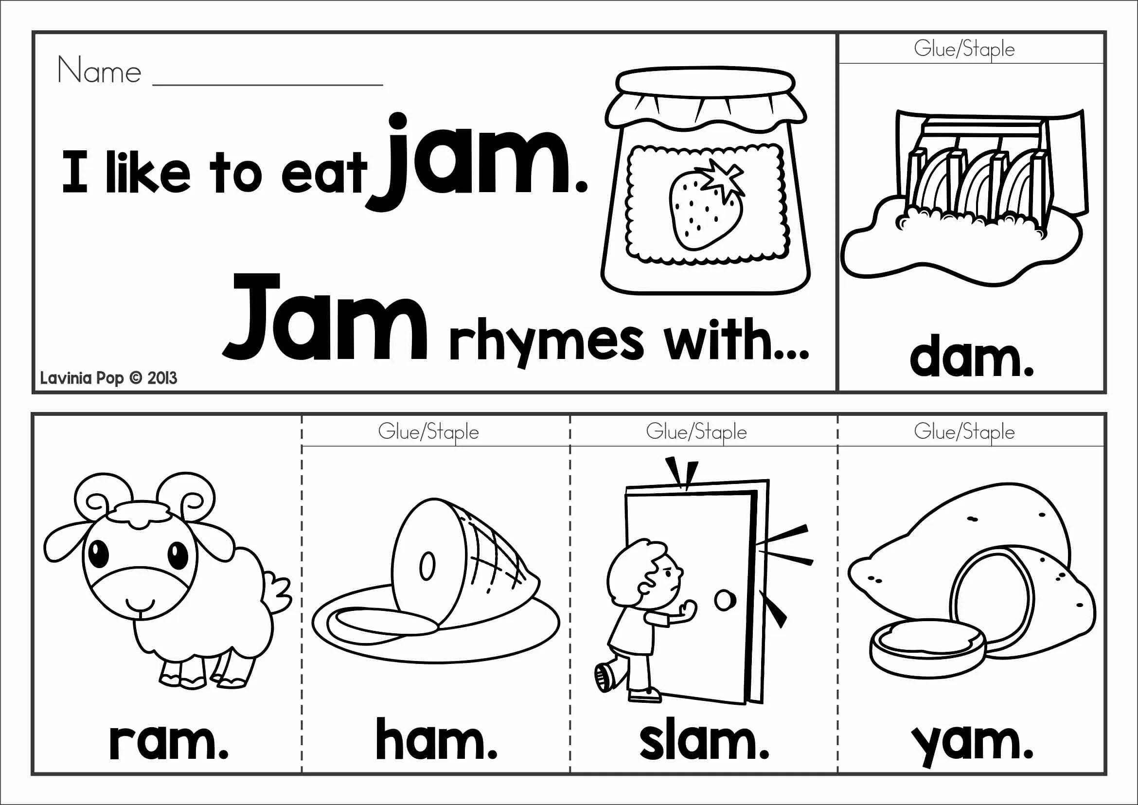 Word Family Flip Books Jam Rhyming Page Word Family Flip Books jam rhyming page with color images for the jam word family and matching rhyming words