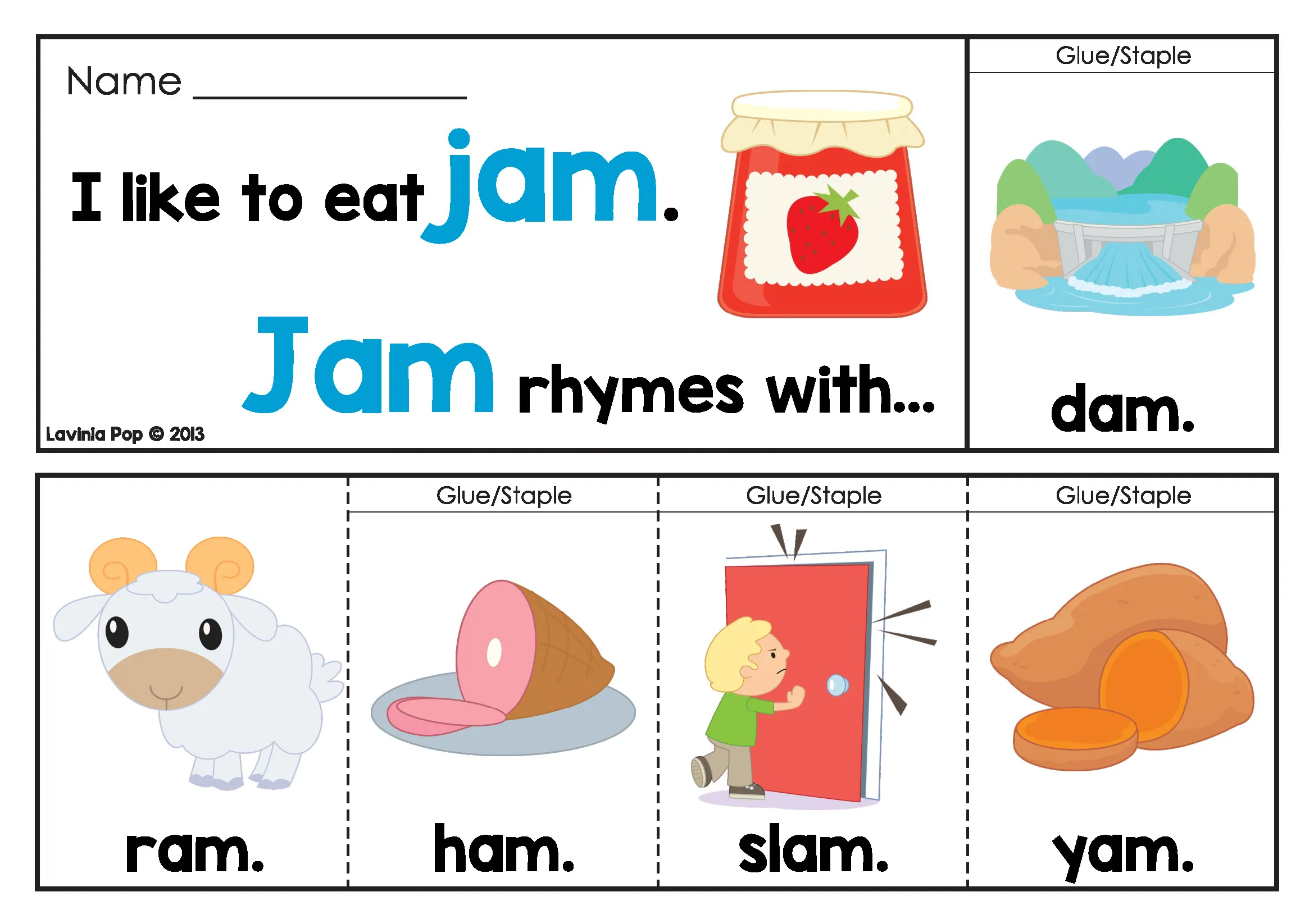 Word Family Flip Books Jam Rhyming Page Word Family Flip Books jam rhyming page with color images for the jam word family and matching rhyming words
