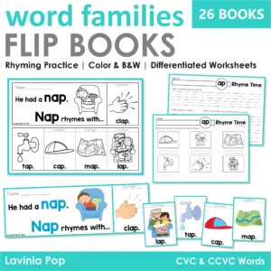 Word Family Flip Books preview with nap flip book pages rhyming cards and differentiated writing worksheets for CVC and CCVC words