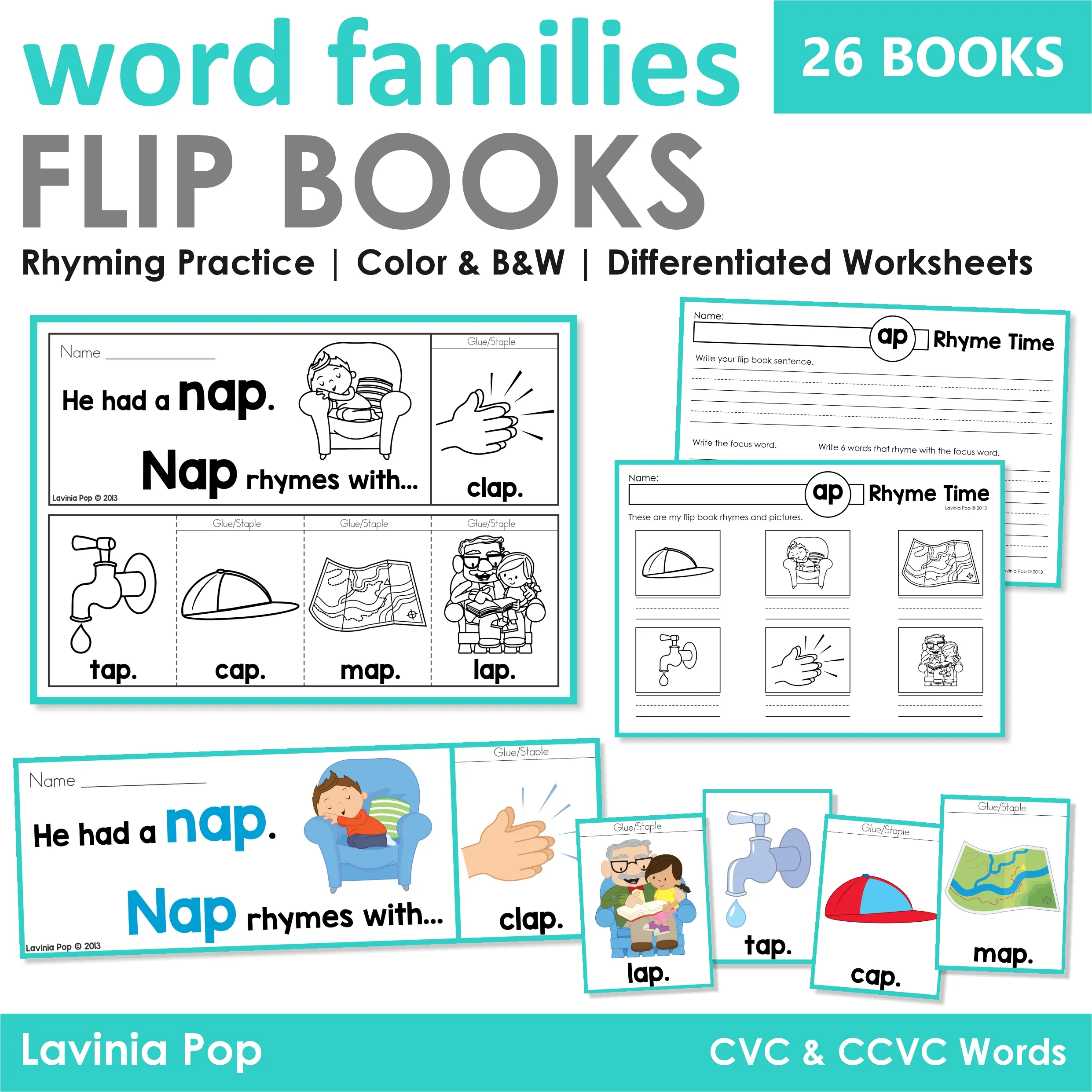 Word Family Flip Books CVC and CCVC Preview Word Family Flip Books preview with nap flip book pages rhyming cards and differentiated writing worksheets for CVC and CCVC words
