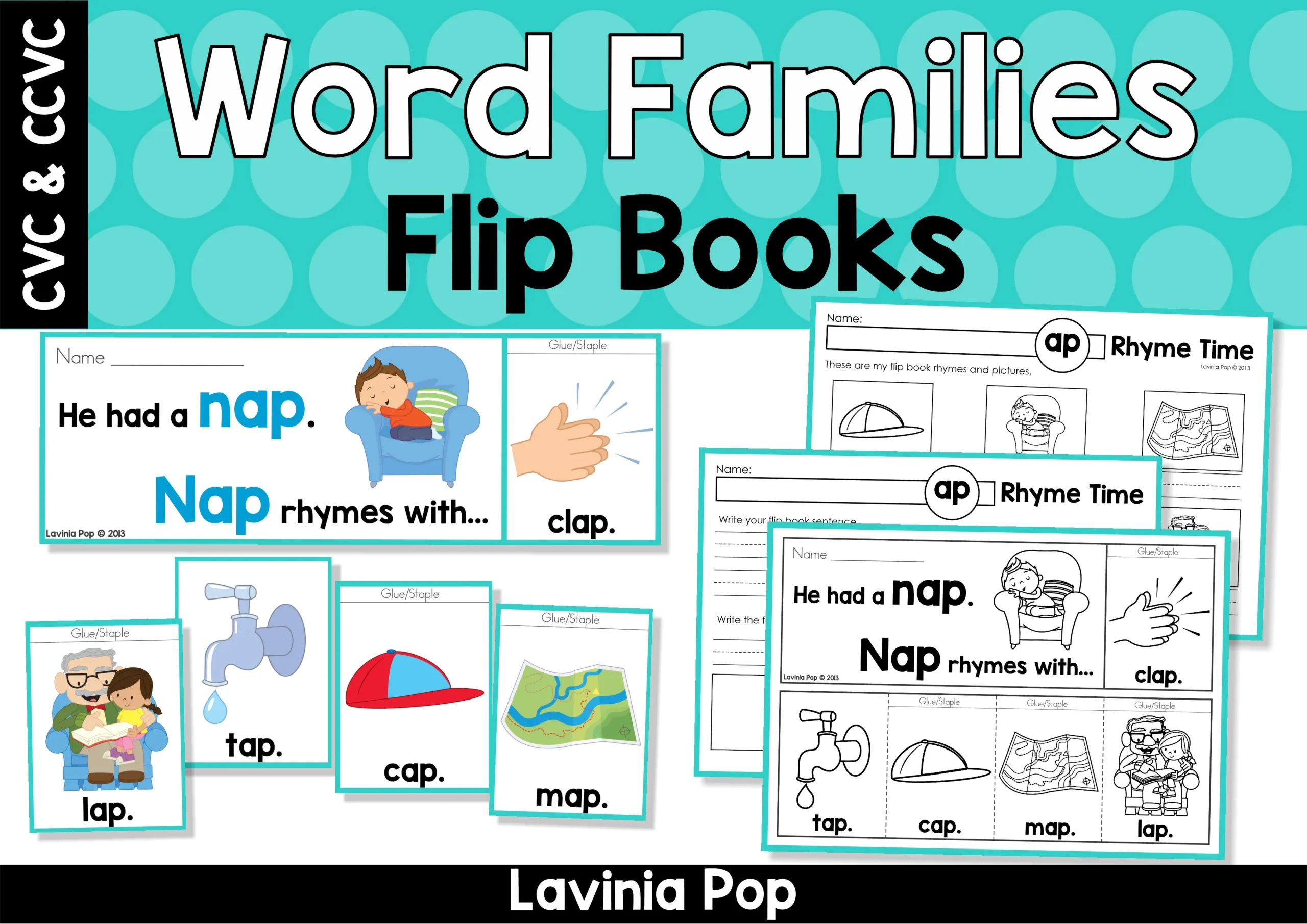 Word Family Flip Books Rhyming Practice Pack Word Family Flip Books rhyming practice pack with AP flip book pages worksheets and picture cards for CVC and CCVC words