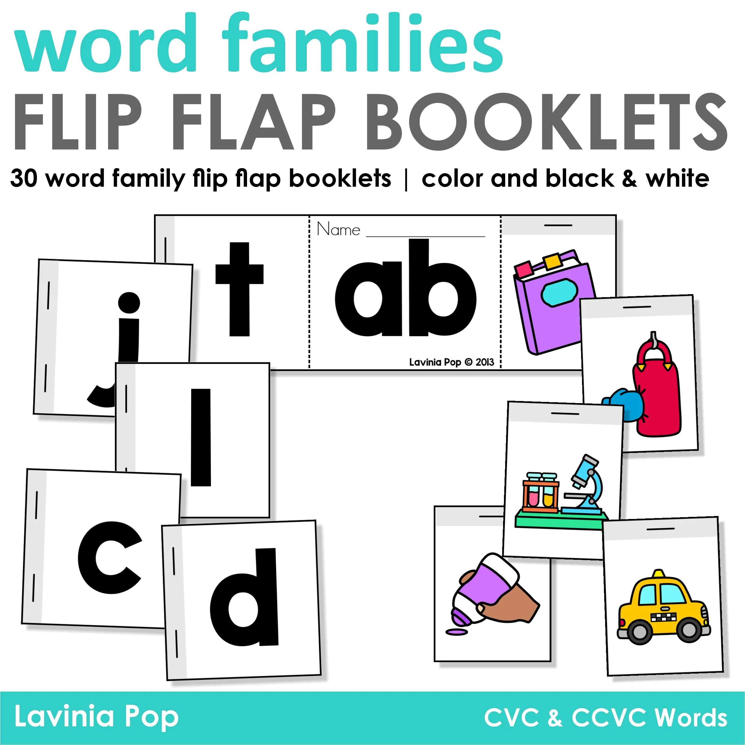 Word Families Flip Flap Books for CVC and CCVC Words | Printable Word Family Activities Word Families Flip Flap Books cover with ab word family, letter flips i j c d and picture cards for reading and decoding practice