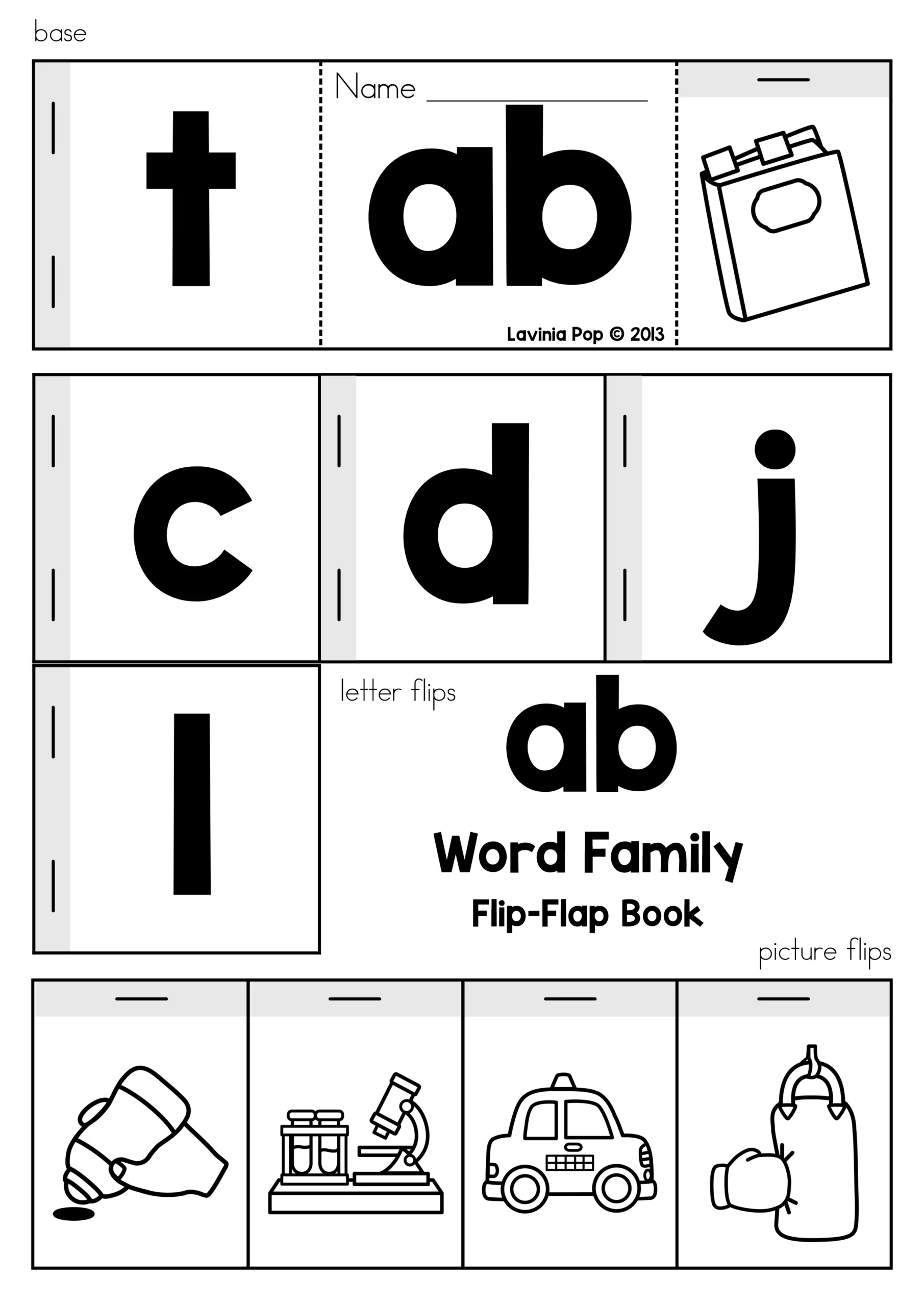 Word Families Flip Flap Books AB Word Family Printable | Black and White Version AB Word Families Flip Flap Books with letter flips c d j l and picture cards for cab dab jab lab activities
