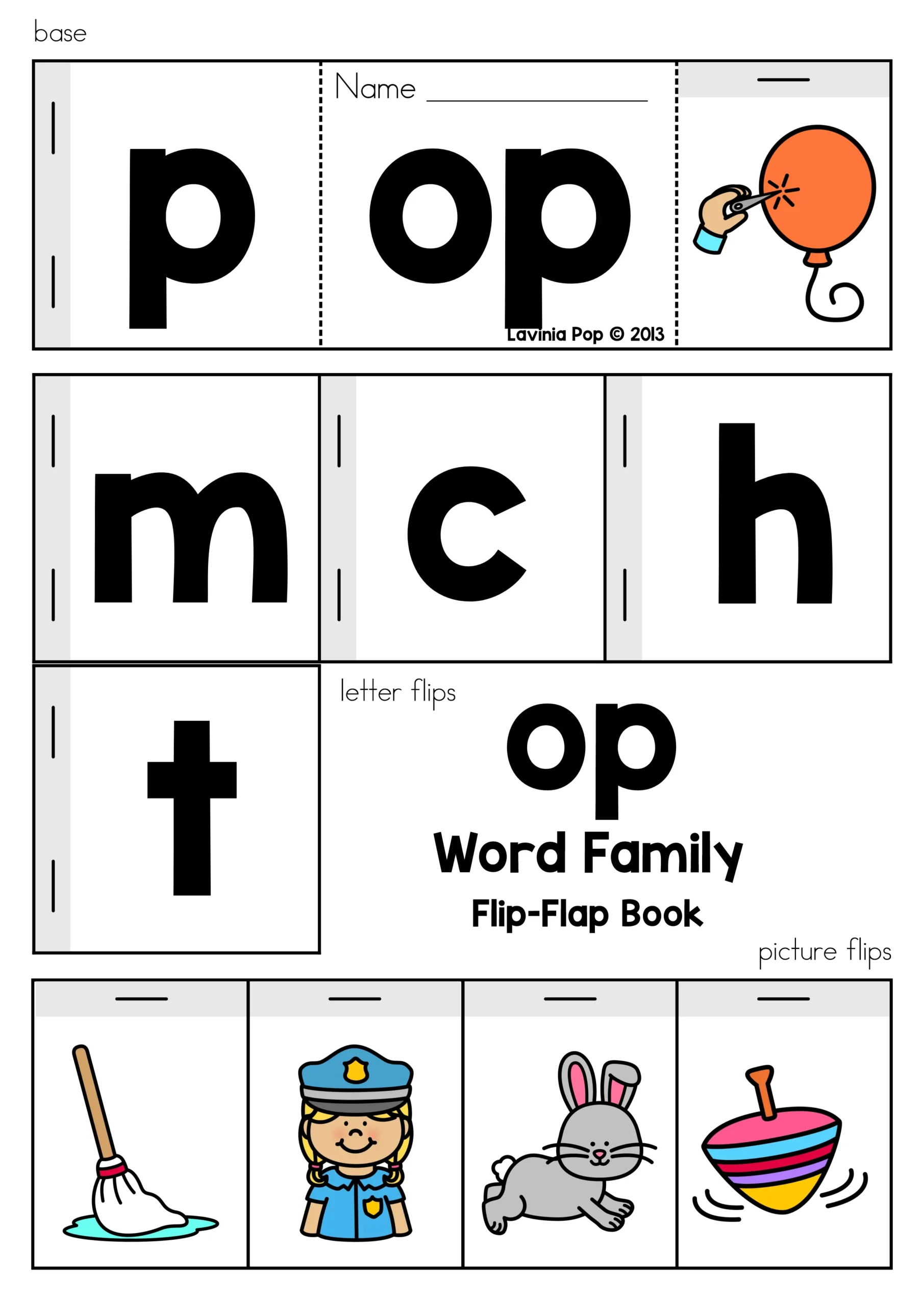 Word Families Flip Flap Books OP Word Family Set | CVC and CCVC Words OP Word Families Flip Flap Books with letter flips p m c h t and picture cards mop cop hop top activities