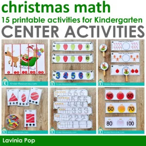 Christmas Math Centers for Kindergarten with ornament shape cards, counting puzzles, number sequences, and greater than less than activities for December math learning