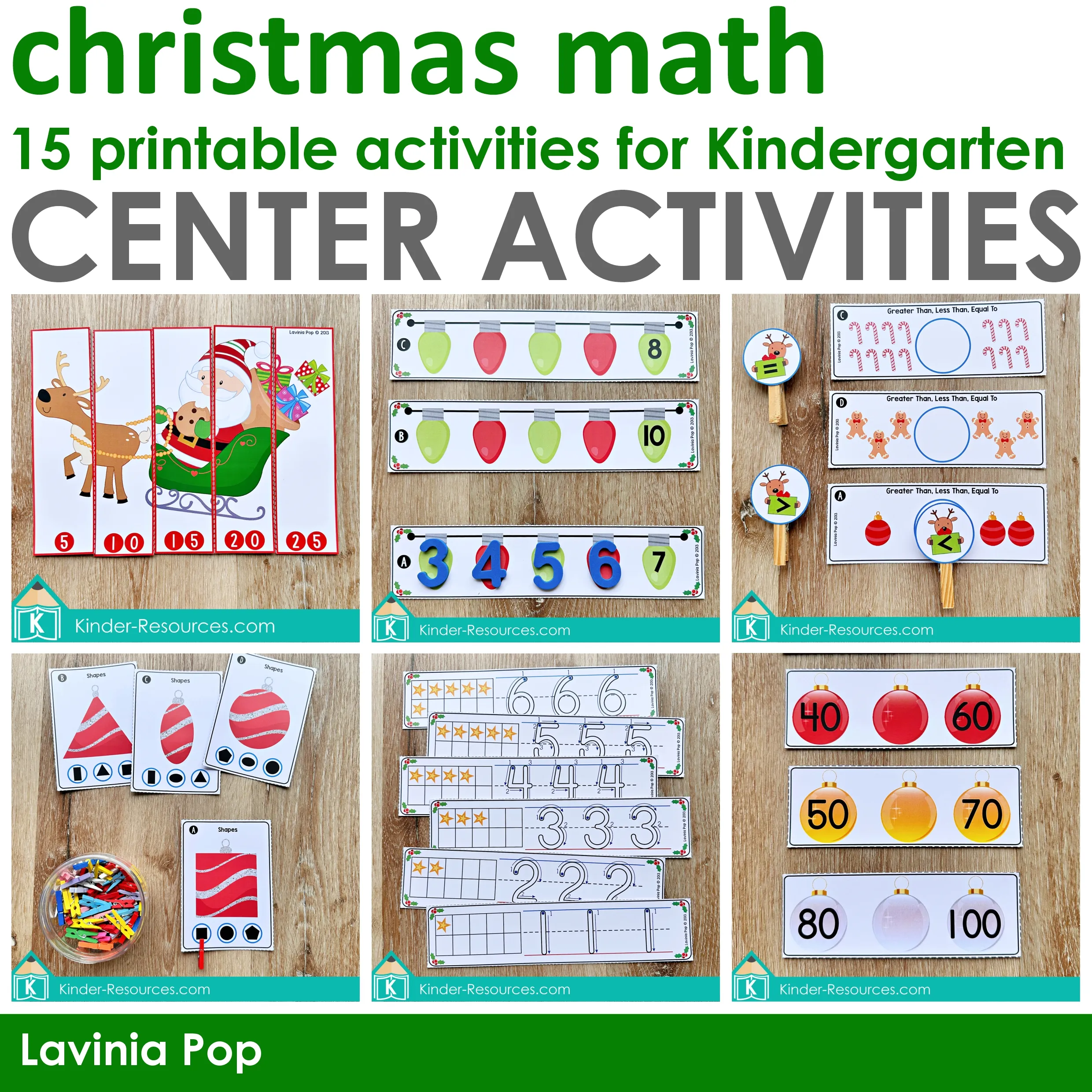 Christmas Math Centers for Kindergarten | 15 December Activities Christmas Math Centers for Kindergarten with ornament shape cards, counting puzzles, number sequences, and greater than less than activities for December math learning