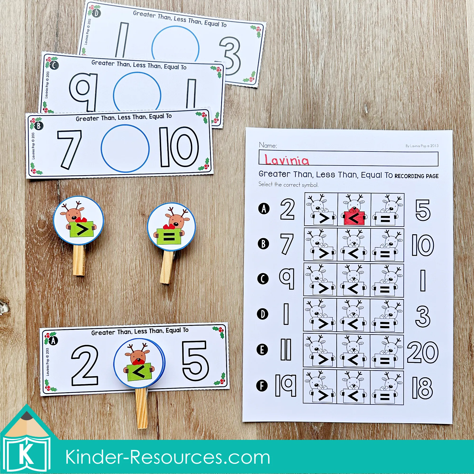 Christmas Math Centers for Kindergarten Comparing Numbers Activity Christmas Math Centers for Kindergarten comparing numbers with reindeer symbol clips and recording page for greater than less than equal to practice