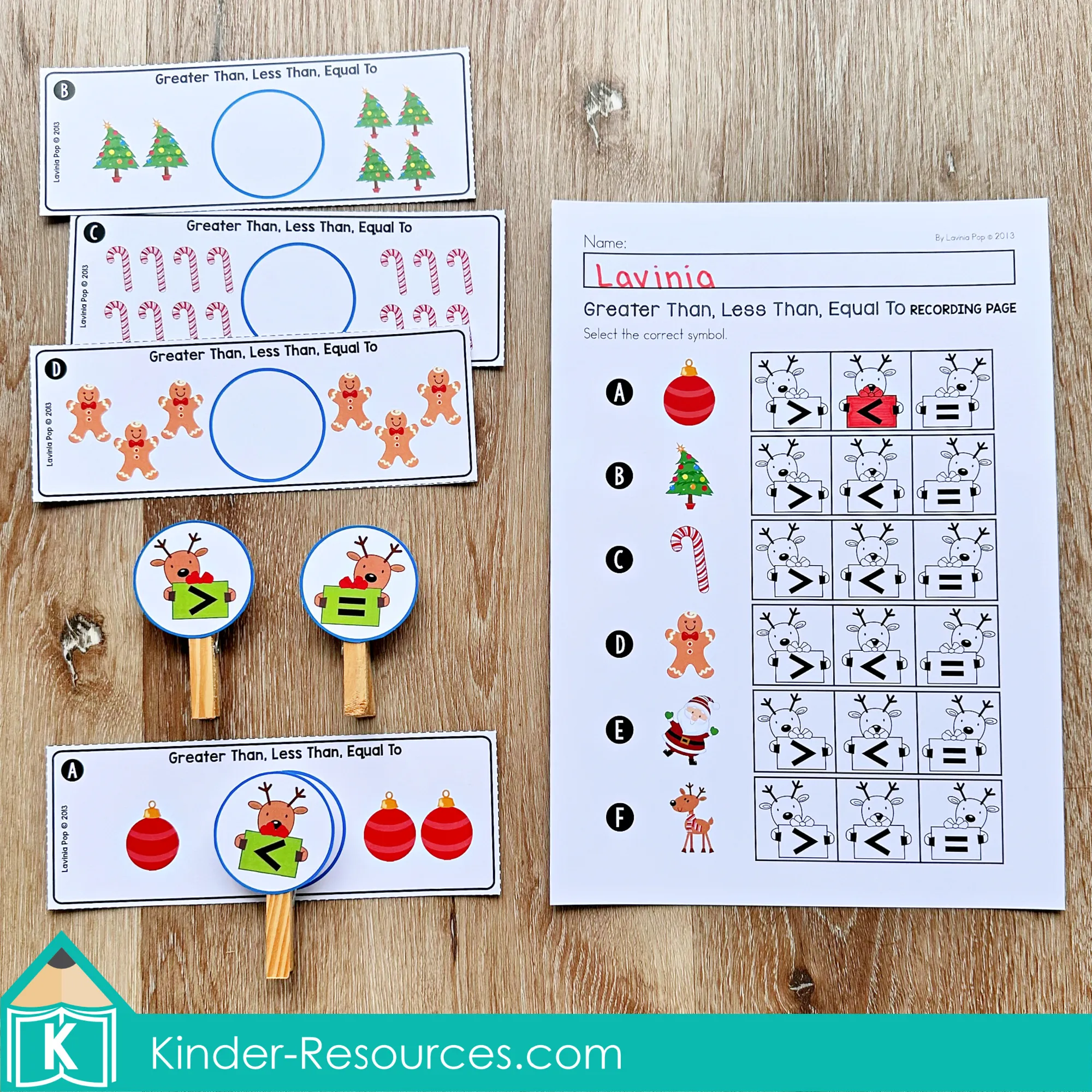 Christmas Math Centers for Kindergarten Comparing Quantities Activity Christmas Math Centers for Kindergarten comparing quantities using Christmas picture cards and reindeer symbols with matching recording worksheet