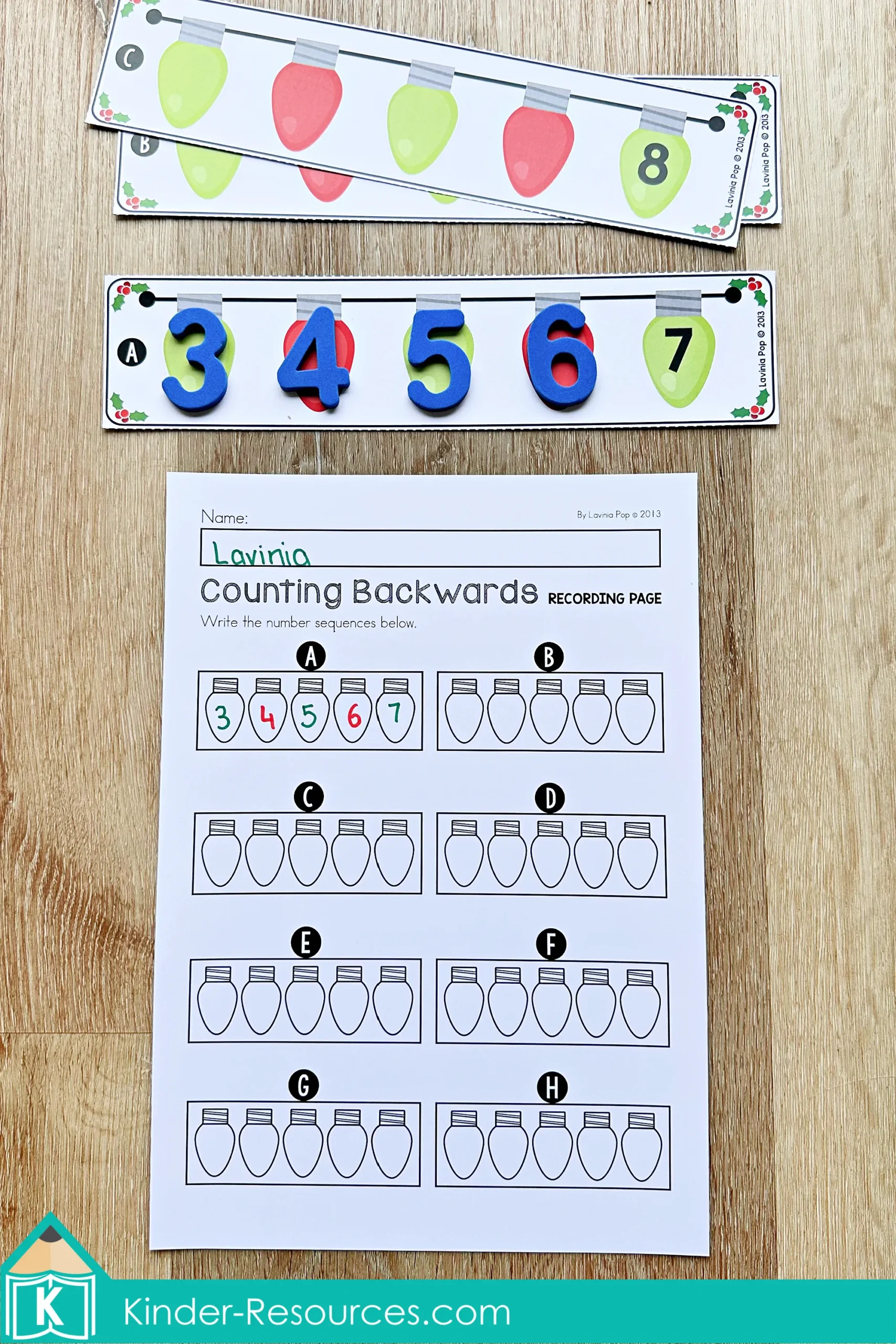 Christmas Math Centers for Kindergarten Counting Backwards Activity Christmas Math Centers for Kindergarten counting backwards with Christmas light number sequences and matching recording worksheet