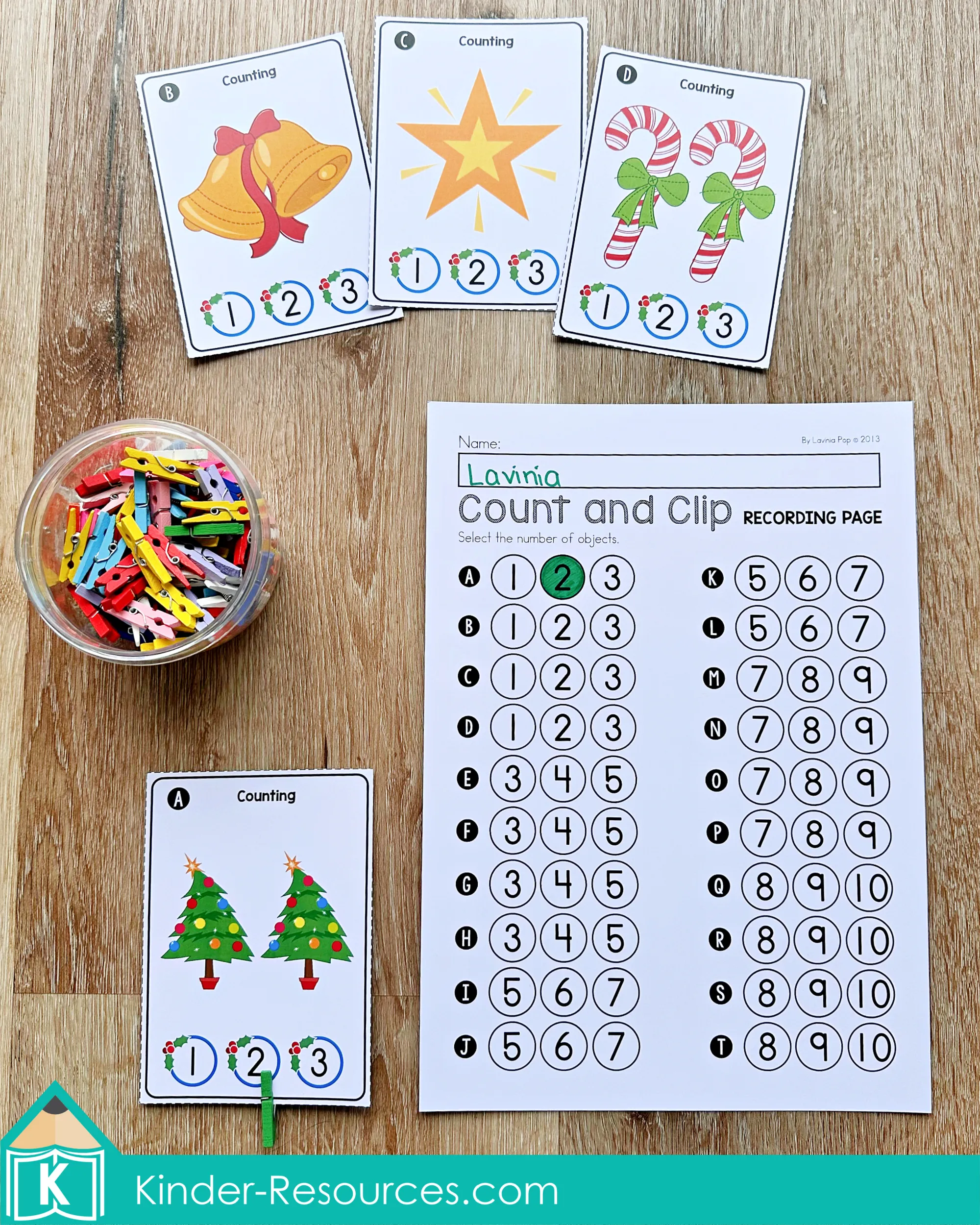 Christmas Math Centers for Kindergarten Count and Clip Activity Christmas Math Centers for Kindergarten count and clip cards with Christmas objects and recording sheet for number recognition practice