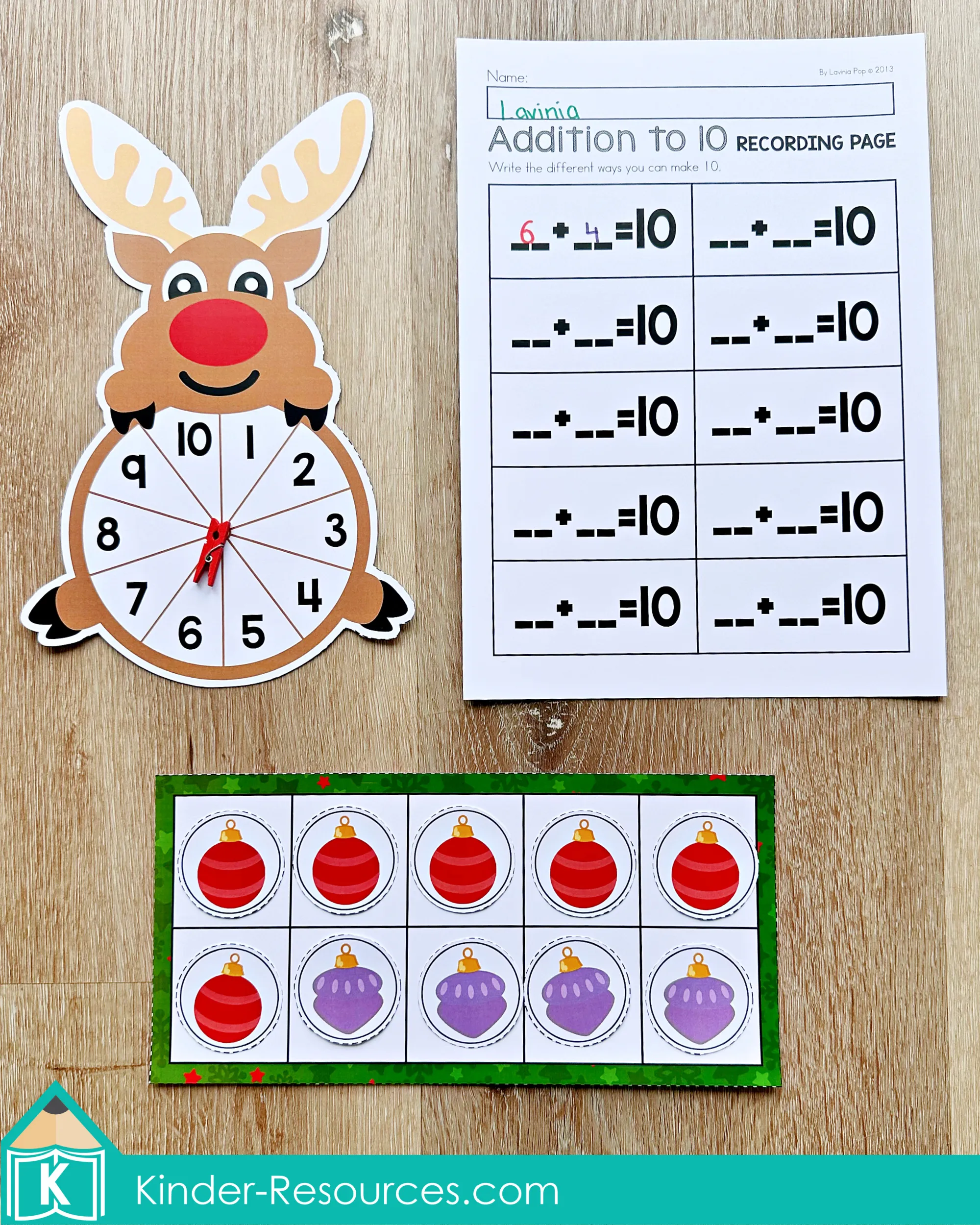 Christmas Math Centers for Kindergarten Making Ten Activity Christmas Math Centers for Kindergarten making ten with reindeer spinner and ornament ten frame mat for early addition practice