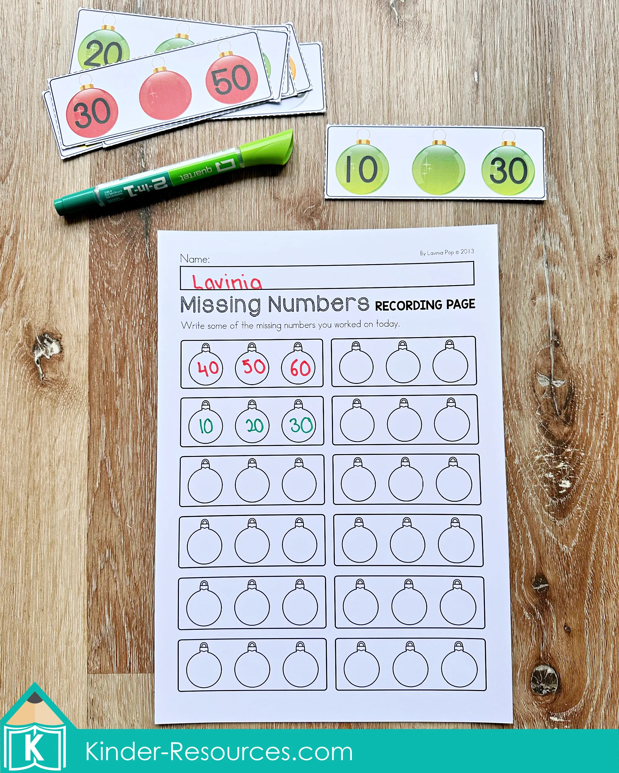 Christmas Math Centers for Kindergarten Missing Numbers Activity Christmas Math Centers for Kindergarten missing numbers activity with ornament skip counting cards and recording worksheet for number sequences