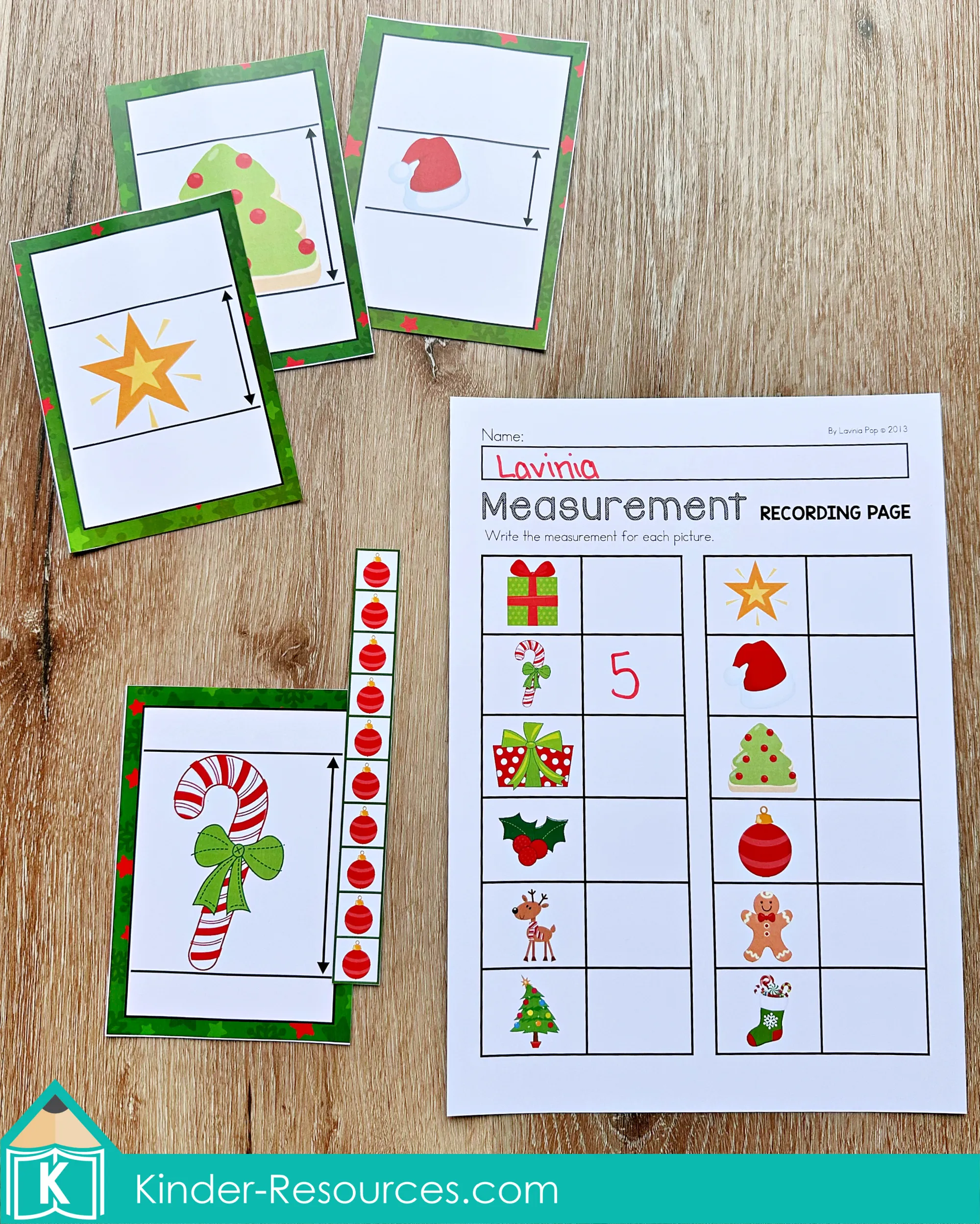 Christmas Math Centers for Kindergarten Non Standard Measurement Activity Christmas Math Centers for Kindergarten non standard measurement activity using ornament measuring strip and Christmas picture cards with recording page