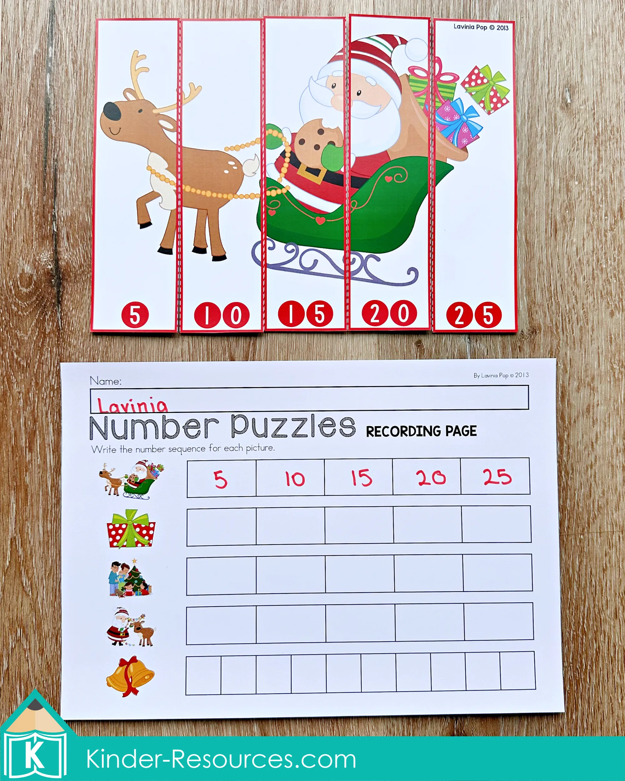 Christmas Math Centers for Kindergarten Skip Counting Number Puzzle Christmas Math Centers for Kindergarten skip counting puzzle with number strips and recording page for counting by fives