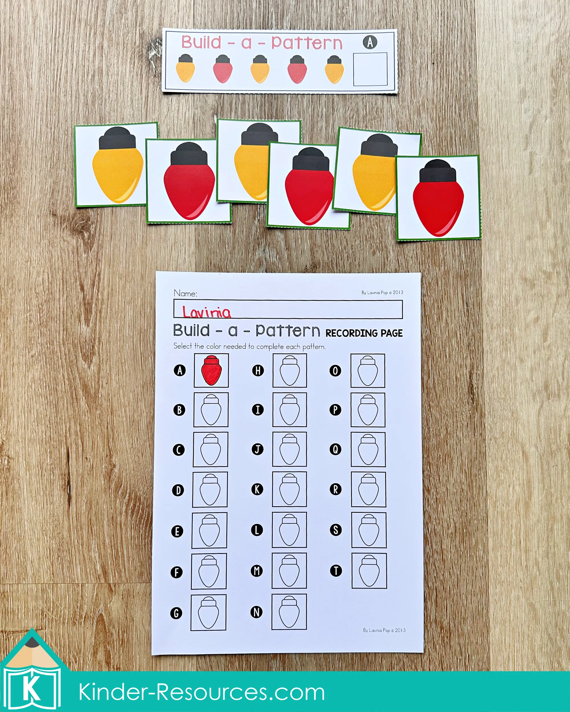 Christmas Math Centers for Kindergarten Build a Pattern Activity Christmas Math Centers for Kindergarten pattern activity with Christmas light cards for AB, ABB, AAB, and ABC pattern recognition and completion