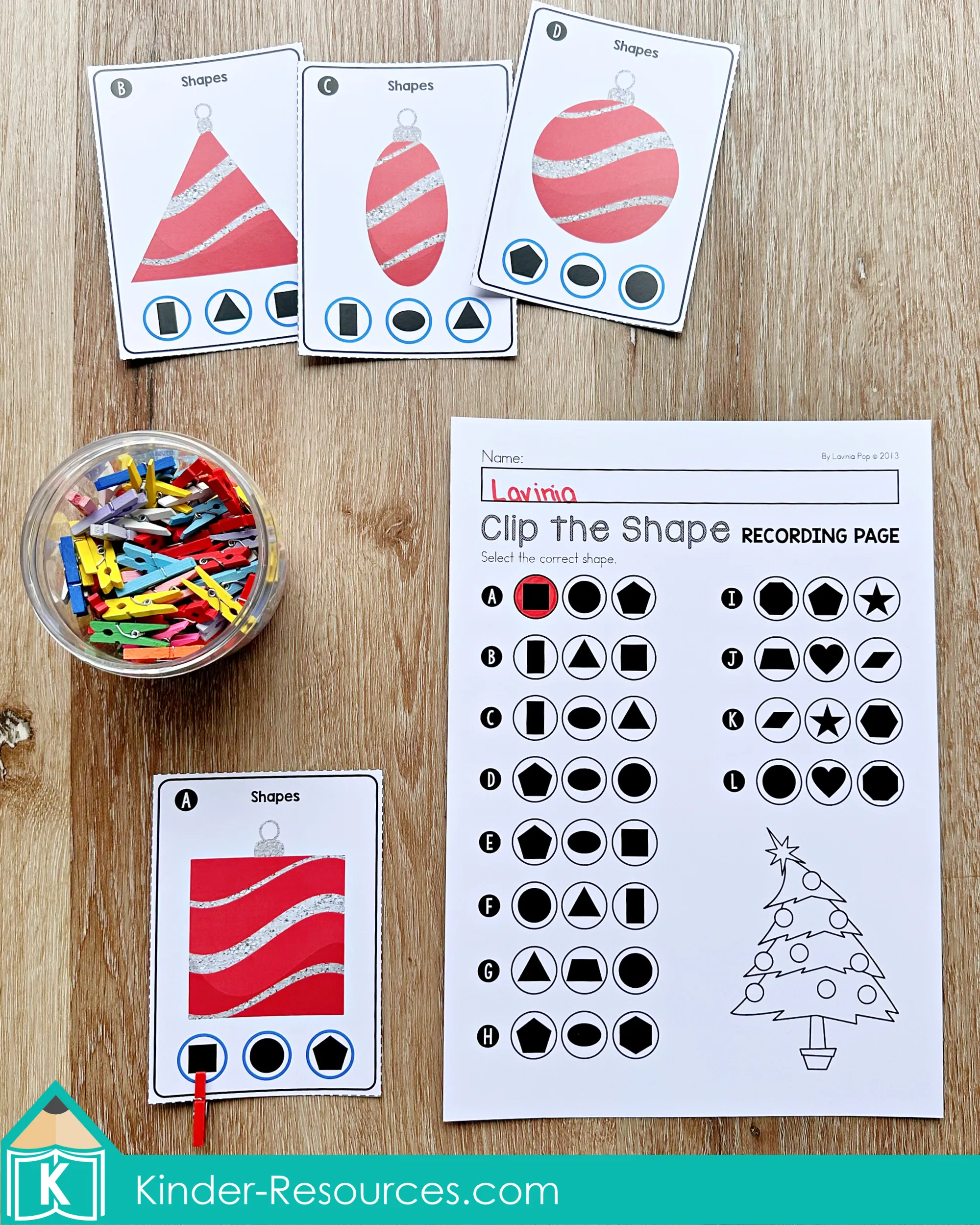 Christmas Math Centers for Kindergarten Shape Clip Cards Christmas Math Centers for Kindergarten shape clip cards with ornament shapes and recording sheet for identifying and matching 2D shapes