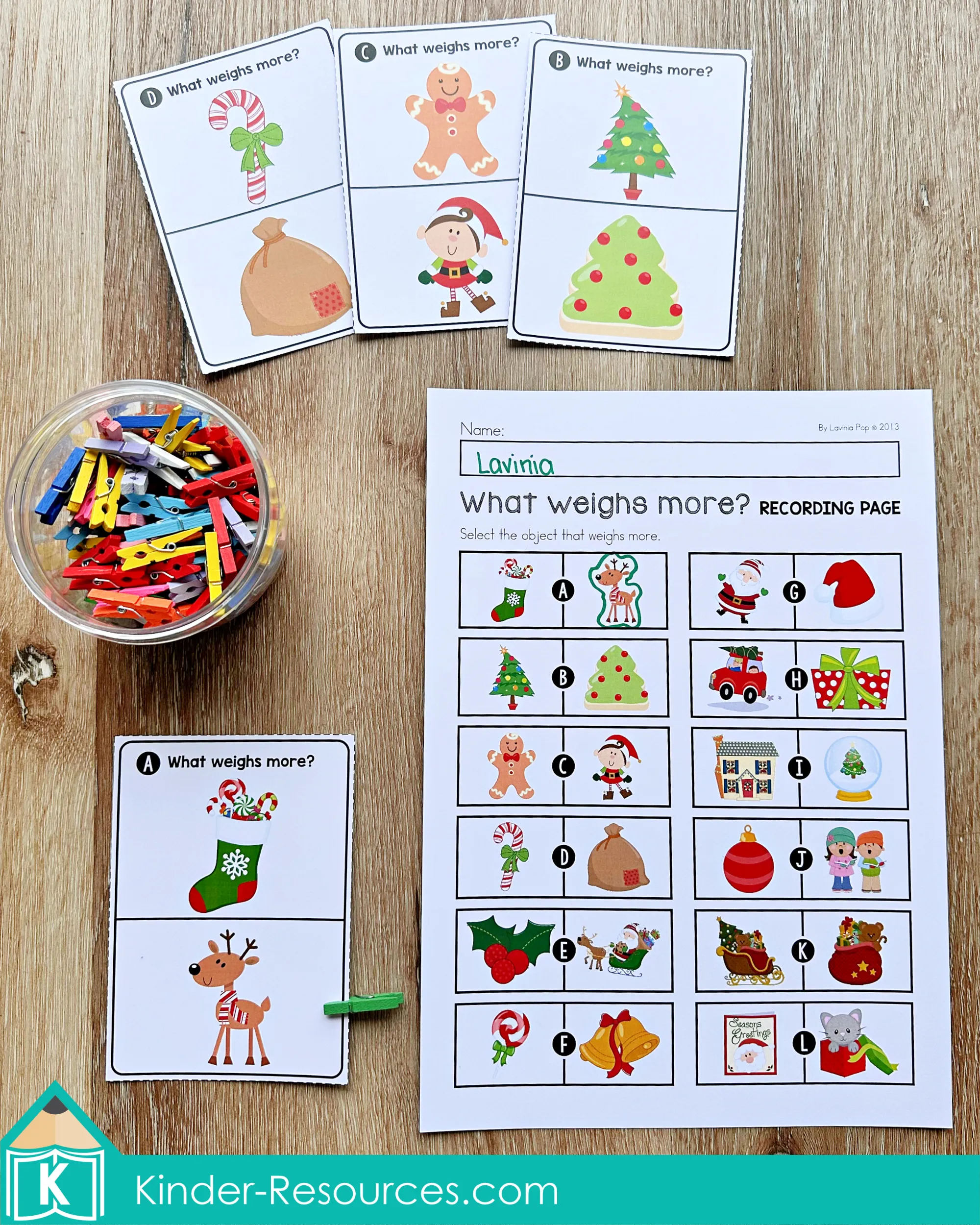 Christmas Math Centers for Kindergarten Weight Comparison Activity Christmas Math Centers for Kindergarten weight comparison cards with holiday objects and recording sheet for identifying which item weighs more